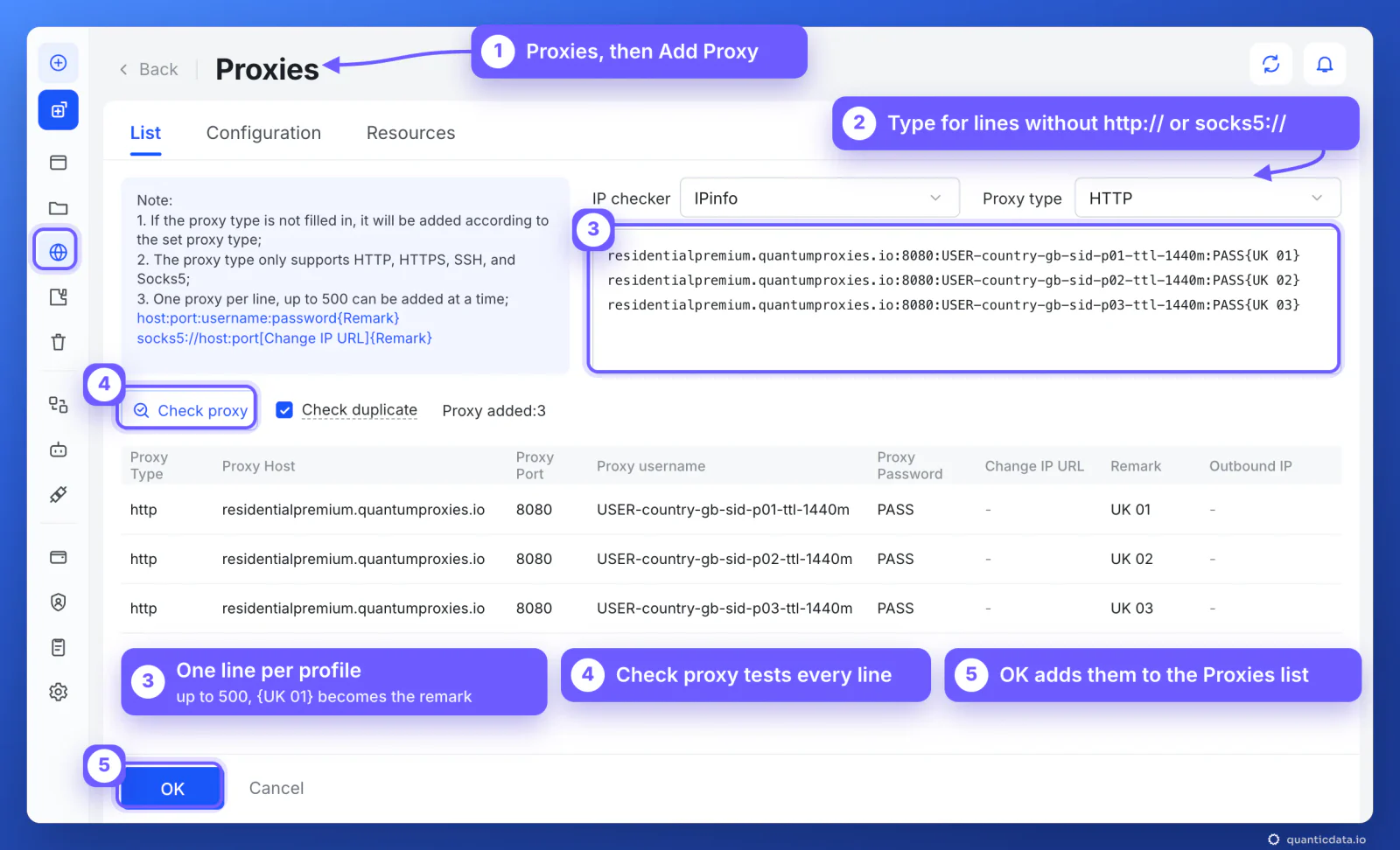 AdsPower Proxies page, Add Proxy, with five numbered notes: 1 Proxies then Add Proxy, 2 the proxy type used for lines without a prefix, 3 three QuanticData United Kingdom sticky lines pasted one per line with a remark in braces (up to 500 at a time), 4 Check proxy, 5 OK to add them to the Proxies list