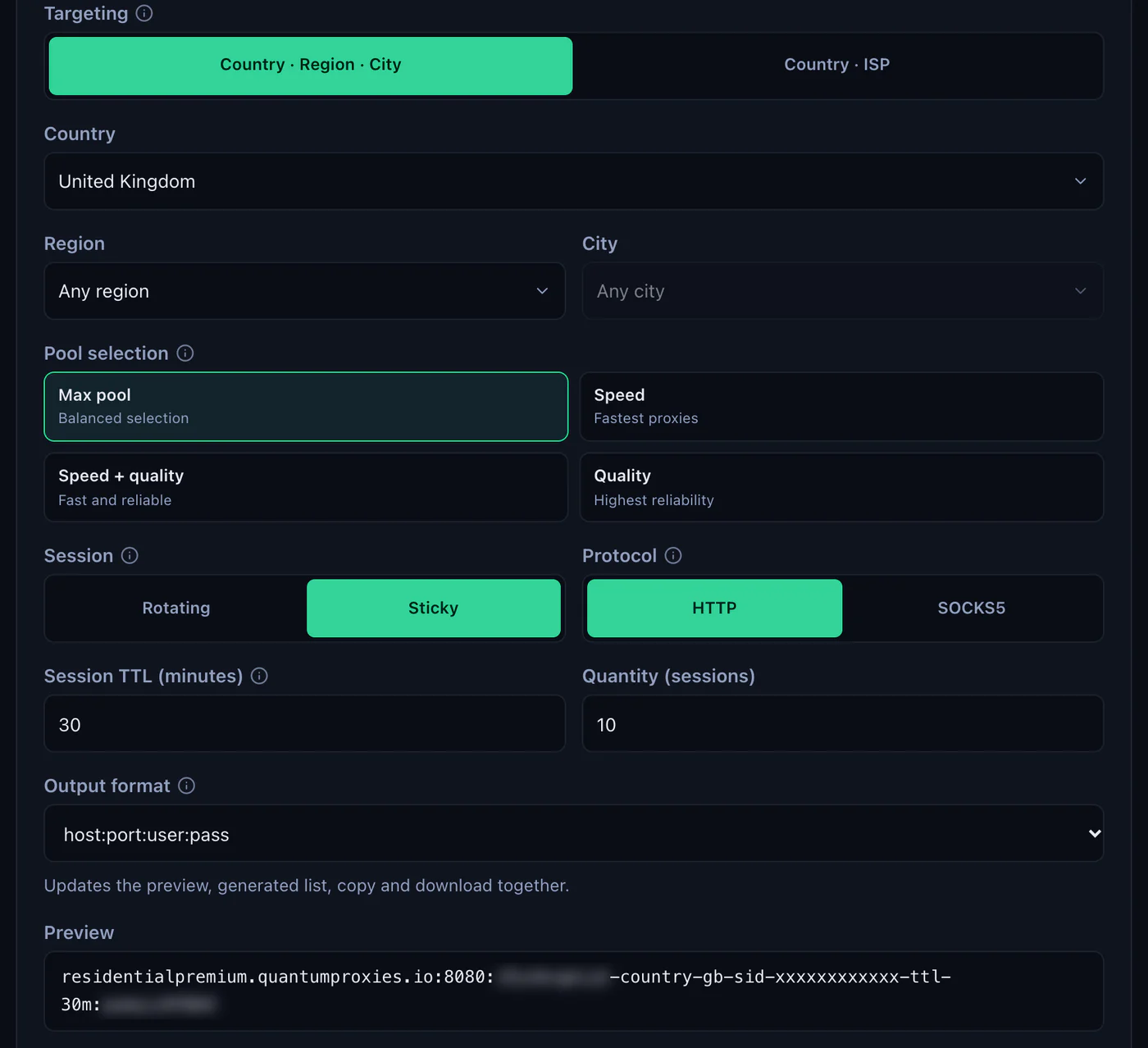 The QuanticData Endpoint generator for a Residential Premium plan: United Kingdom selected, Session set to Sticky with a 30-minute TTL, HTTP protocol, output format host:port:user:pass and the preview line with -country-gb, with the username and password blurred