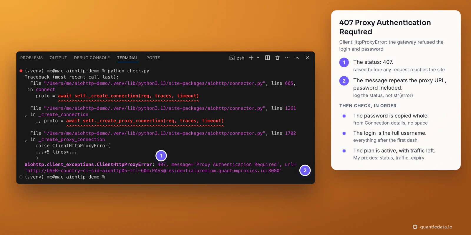The Visual Studio Code terminal with a Python traceback ending in aiohttp.client_exceptions.ClientHttpProxyError: 407, message Proxy Authentication Required, and the proxy URL with the password inside the message; beside it, what to check in order: the password copied whole, the full username, the plan active with traffic left