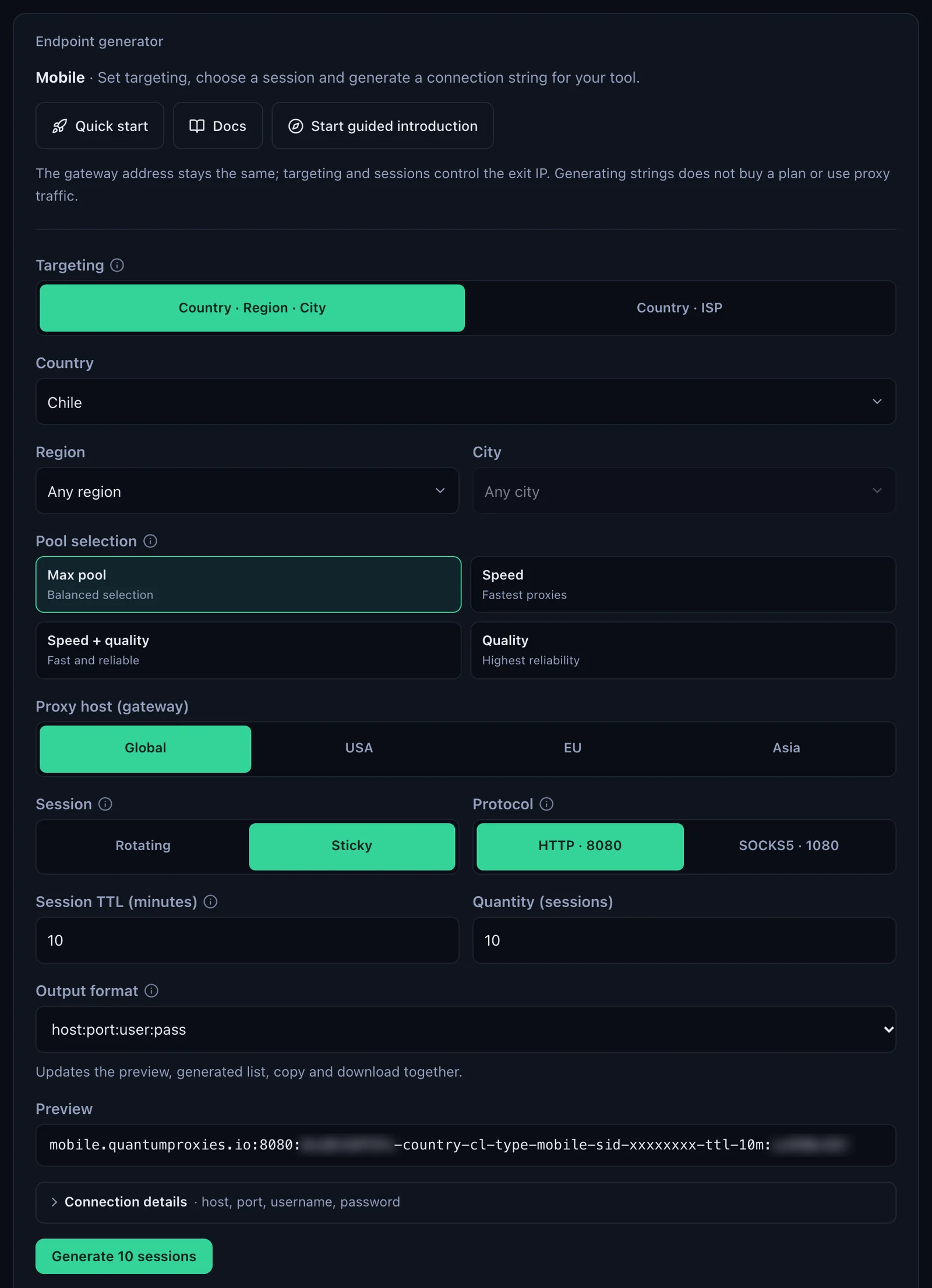 The Mobile Endpoint generator of QuanticData: Chile selected, Proxy host (gateway) Global, USA, EU or Asia, Session Sticky, Protocol HTTP 8080 or SOCKS5 1080, and the Preview with -country-cl-type-mobile in the username, credentials blurred