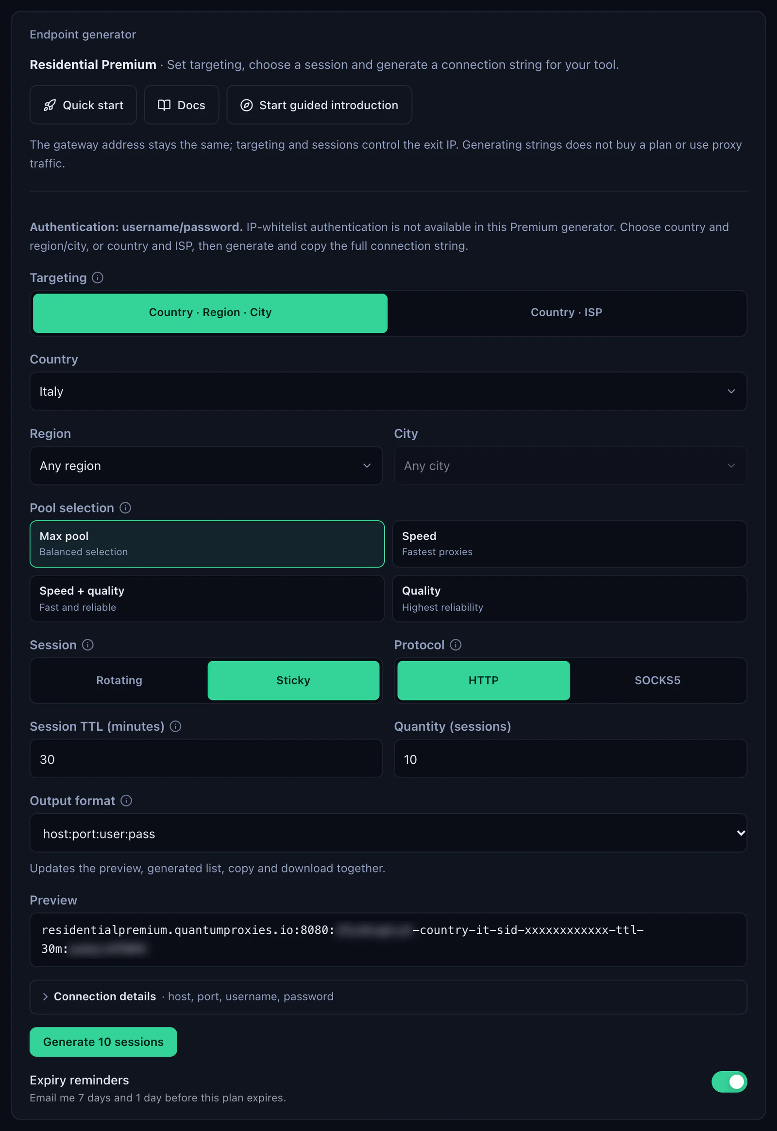 The QuanticData Endpoint generator for a Residential Premium plan: Italy selected, Session set to Sticky with a 30-minute TTL, HTTP protocol, output format host:port:user:pass and the preview line, with the username and password blurred