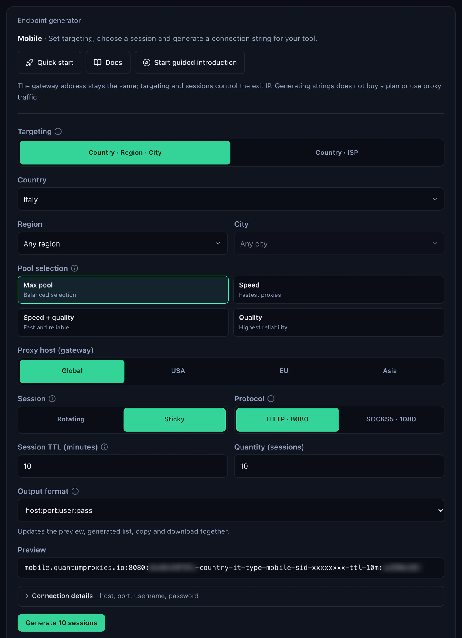 The QuanticData Mobile Endpoint generator: Italy selected, Global, USA, EU and Asia gateways, Session set to Sticky, HTTP 8080 or SOCKS5 1080, output format and the preview line on mobile.quantumproxies.io, credentials blurred