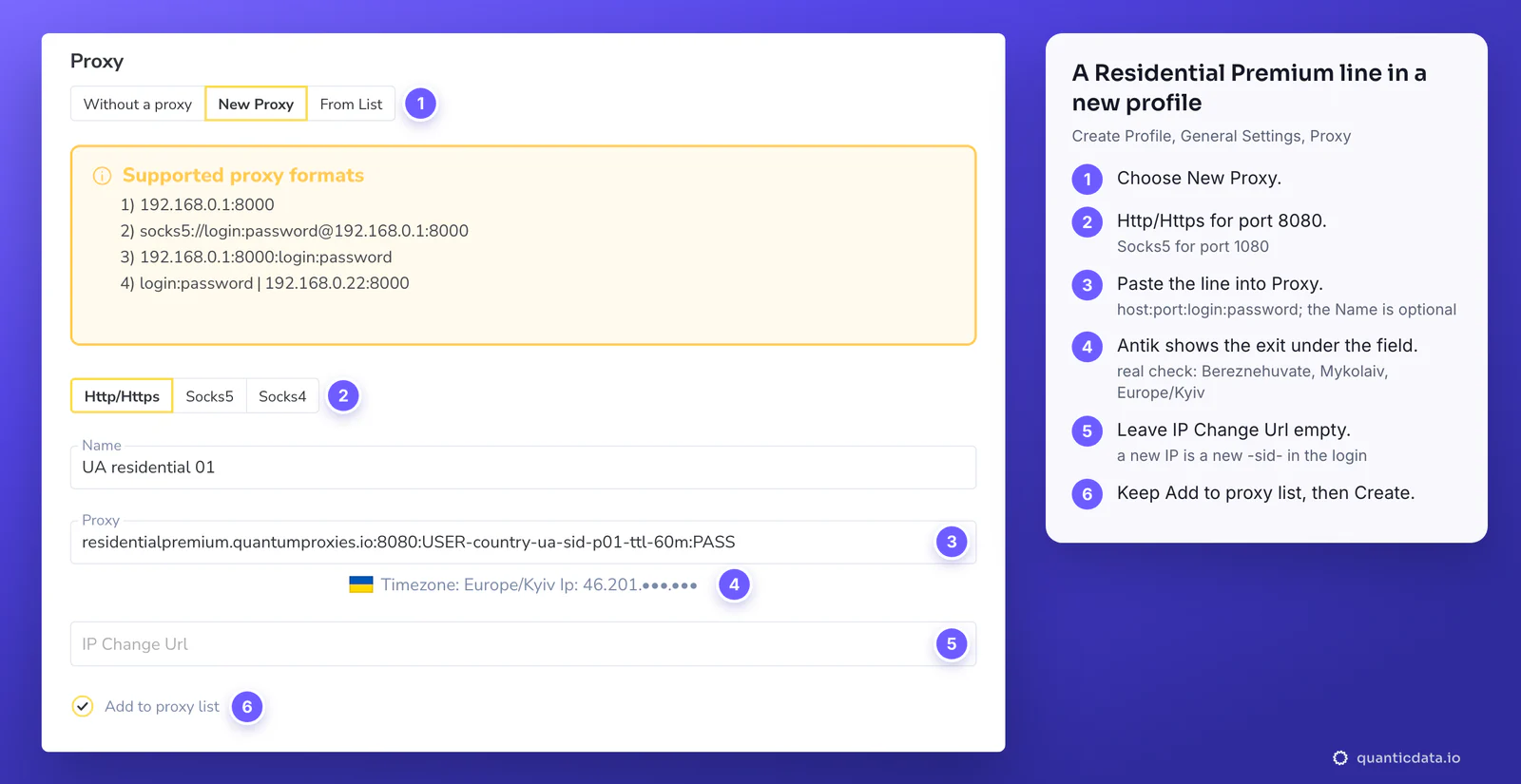 The Proxy section of an Antik Browser Create Profile window with six numbered steps beside it: 1 New Proxy, 2 Http/Https for port 8080, 3 the QuanticData sticky line with USER-country-ua-sid-p01-ttl-60m, 4 the check under the field (Ukrainian flag, Timezone: Europe/Kyiv, IP masked), 5 IP Change Url left empty, 6 Add to proxy list, then Create