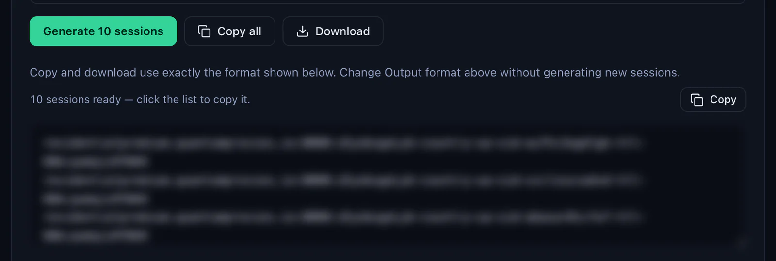 The Generate 10 sessions button in the QuanticData Endpoint generator with Copy all and Download, and the list of sticky Ukraine lines ready to copy, credentials blurred