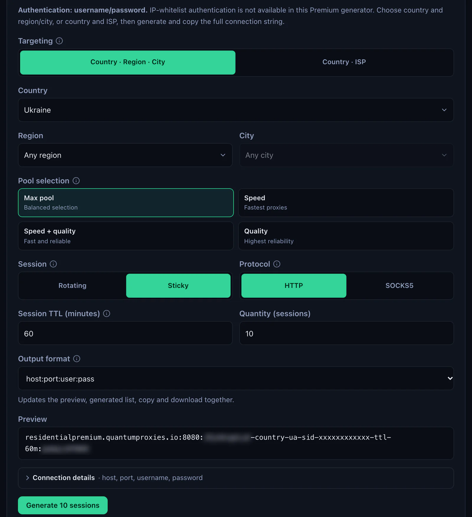 The QuanticData Endpoint generator for a Residential Premium plan: Ukraine selected, Session set to Sticky with a 60-minute TTL, HTTP protocol, output format host:port:user:pass and the preview line, with the username and password blurred