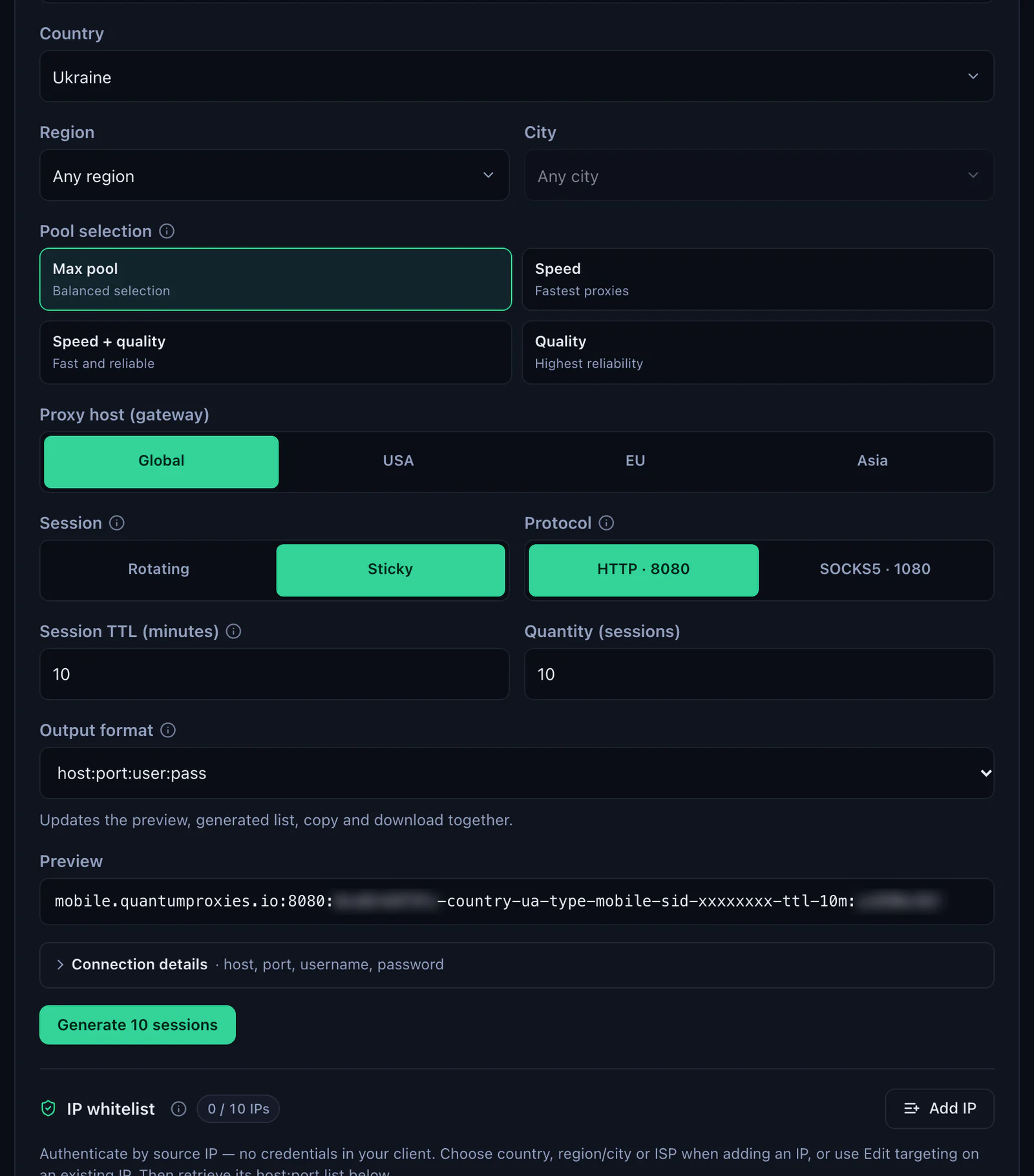 The QuanticData Mobile Endpoint generator: Ukraine, Global, USA, EU and Asia gateways, Sticky session, HTTP 8080 or SOCKS5 1080, output format and preview, and the IP whitelist section below, credentials blurred