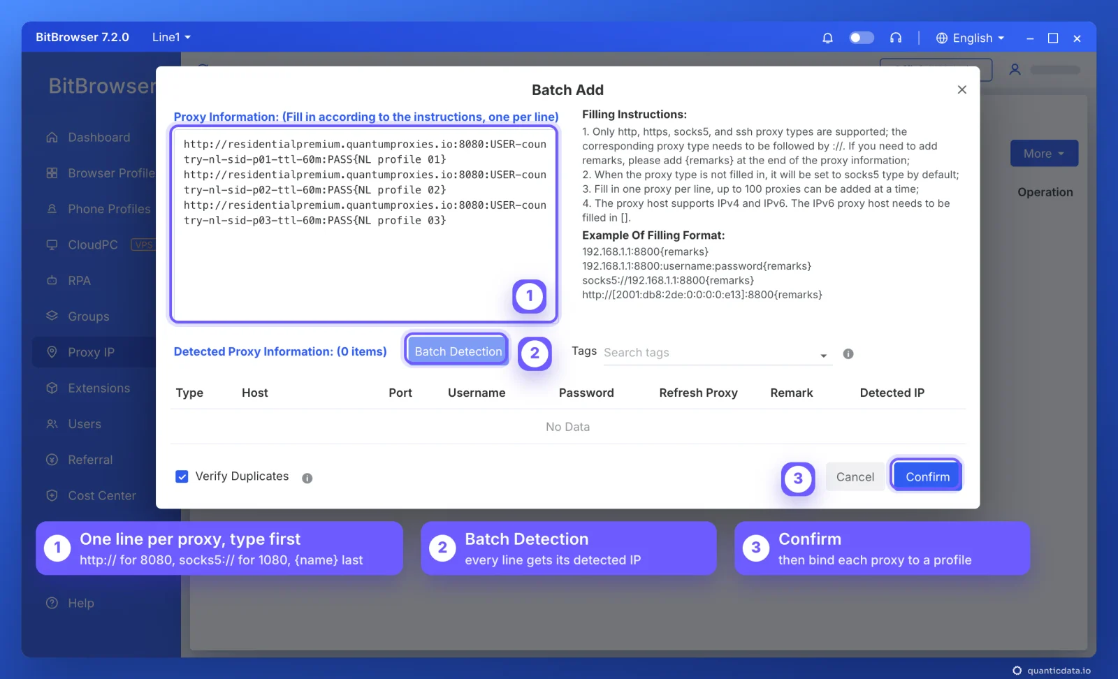 BitBrowser Batch Add window under Proxy IP, Proxy Management, with three QuanticData sticky lines for the Netherlands, each starting with http:// and ending with a {NL profile} remark, the filling instructions on the right and three numbered callouts: one line per proxy with the type first, Batch Detection, Confirm and then bind each proxy to a profile