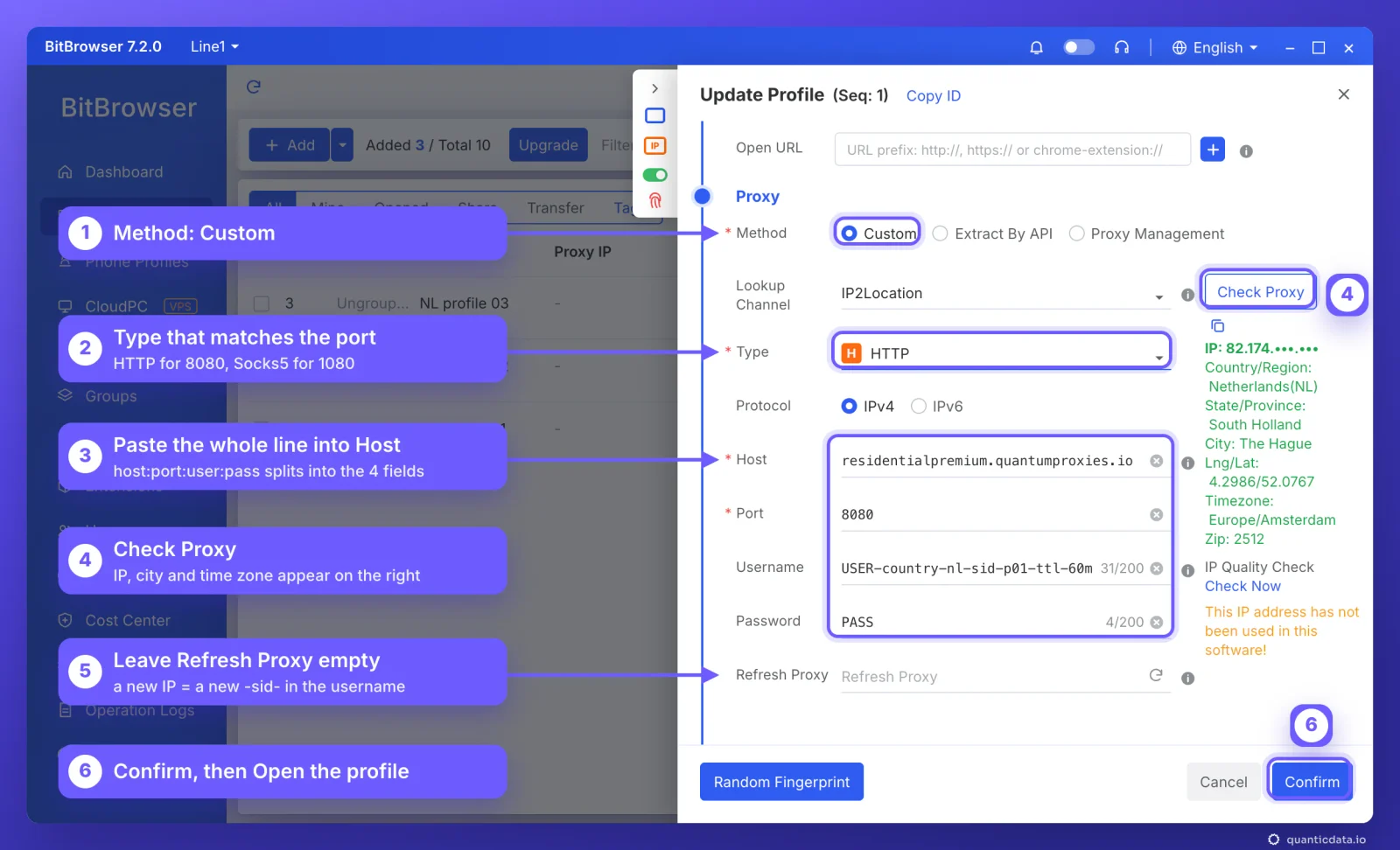 BitBrowser profile window scrolled to the Proxy section, with six numbered callouts: 1 Method Custom, 2 the type that matches the port (HTTP 8080, Socks5 1080), 3 the QuanticData line residentialpremium.quantumproxies.io:8080 with USER-country-nl-sid-p01-ttl-60m split into Host, Port, Username and Password, 4 Check Proxy with the result The Hague, South Holland, Europe/Amsterdam, 5 Refresh Proxy left empty, 6 Confirm