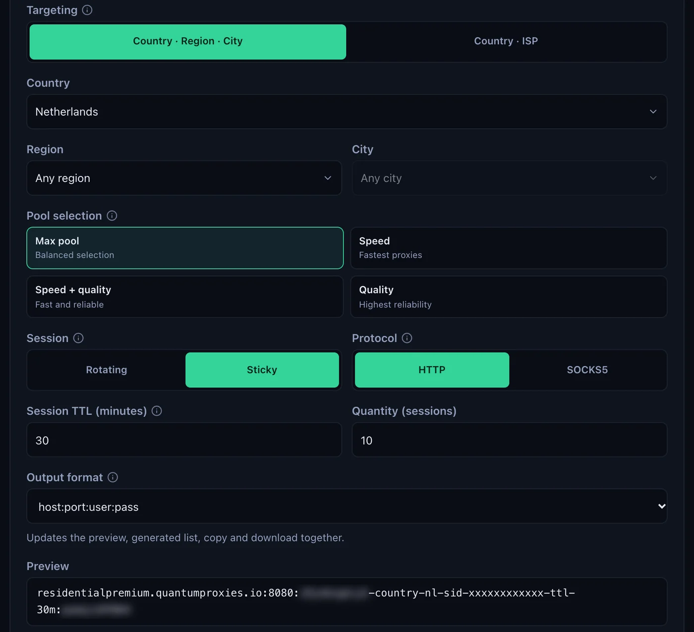 The QuanticData Endpoint generator for a Residential Premium plan: Netherlands selected, Session set to Sticky with a 30-minute TTL, HTTP protocol, output format host:port:user:pass and the preview line with -country-nl-sid-, the username and password blurred