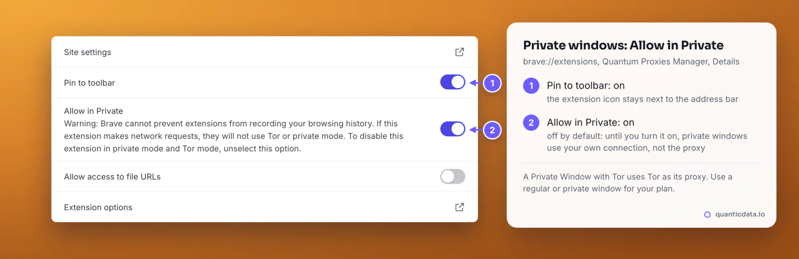 The Details page of Quantum Proxies Manager in brave://extensions: Site settings, Pin to toolbar switched on, Allow in Private switched on with Brave's warning about private and Tor mode, Allow access to file URLs off and Extension options; two numbered markers on the Pin to toolbar and Allow in Private switches