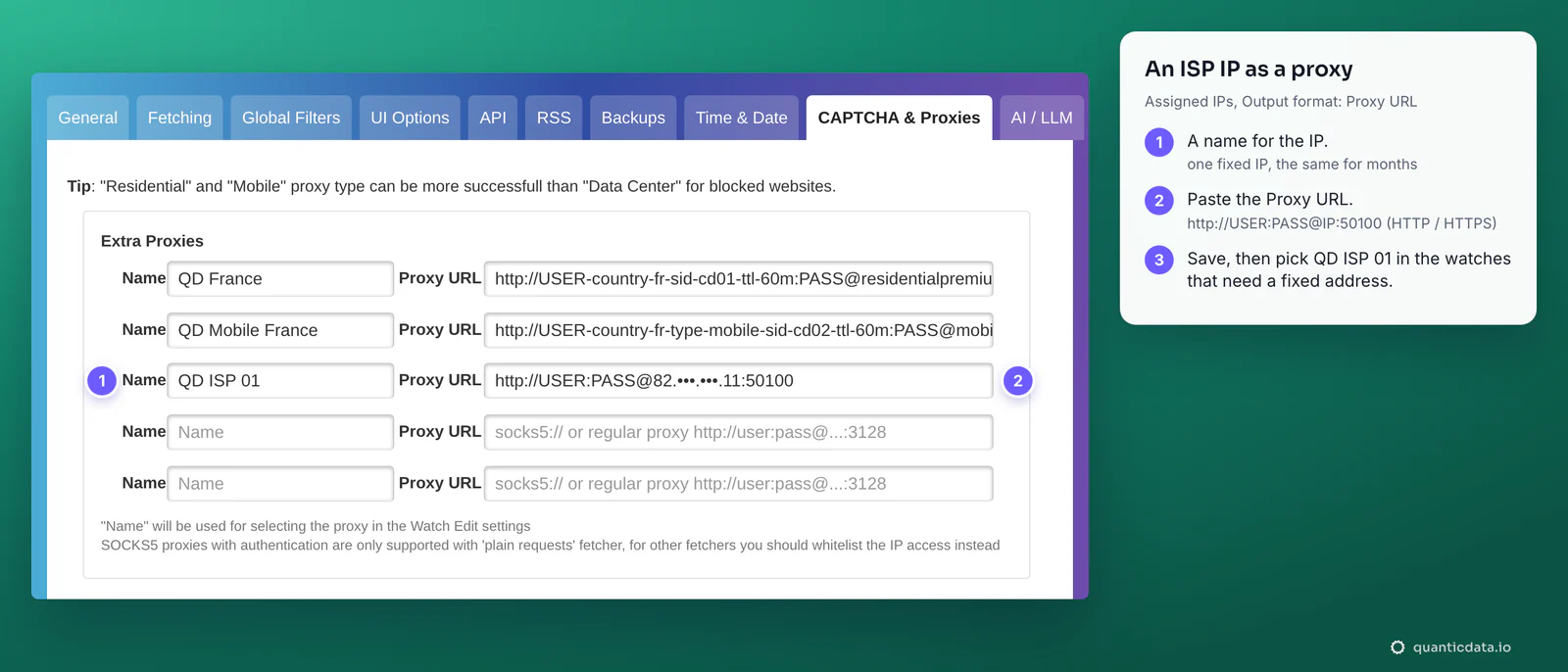 The Extra Proxies box of Changedetection.io, redrawn with a third row QD ISP 01 holding a QuanticData ISP IP as a Proxy URL, http://USER:PASS@82.x.x.11:50100 with the IP masked, and three numbered steps beside it