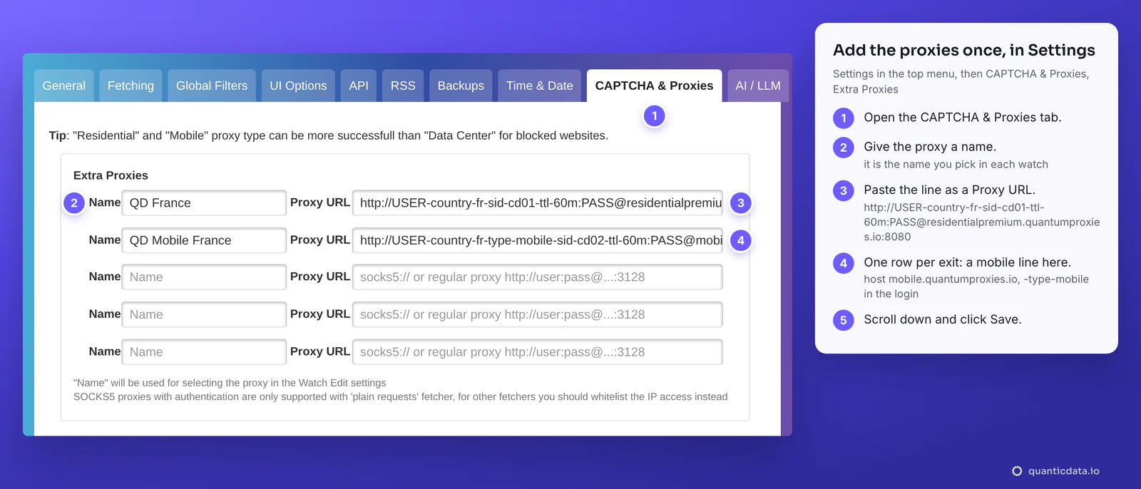 The Extra Proxies box of Changedetection.io, Settings, CAPTCHA and Proxies tab, redrawn with two QuanticData proxies: QD France with a Residential Premium URL on residentialpremium.quantumproxies.io:8080 and QD Mobile France with a mobile URL on mobile.quantumproxies.io:8080, with five numbered steps beside it