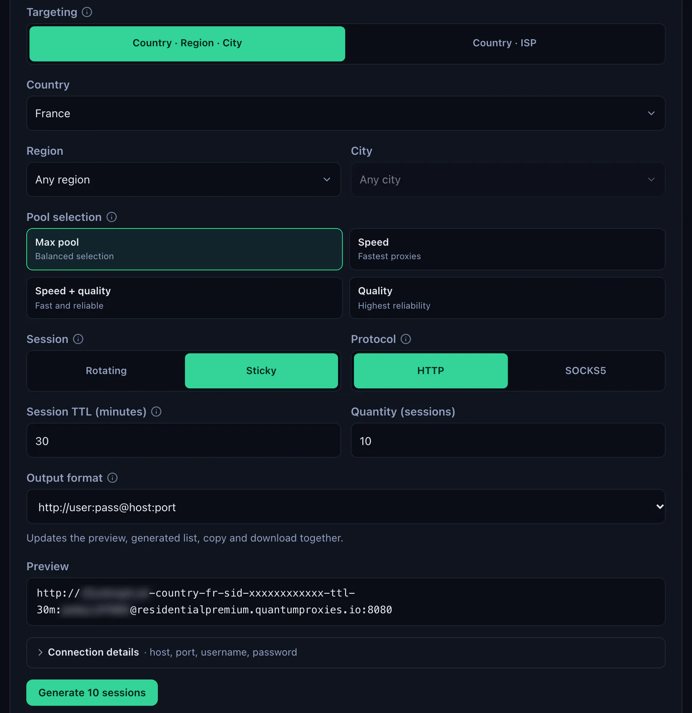 The QuanticData Endpoint generator for a Residential Premium plan: France selected, Session set to Sticky, HTTP protocol, Output format http://user:pass@host:port and the preview line on residentialpremium.quantumproxies.io:8080, with the username and password blurred