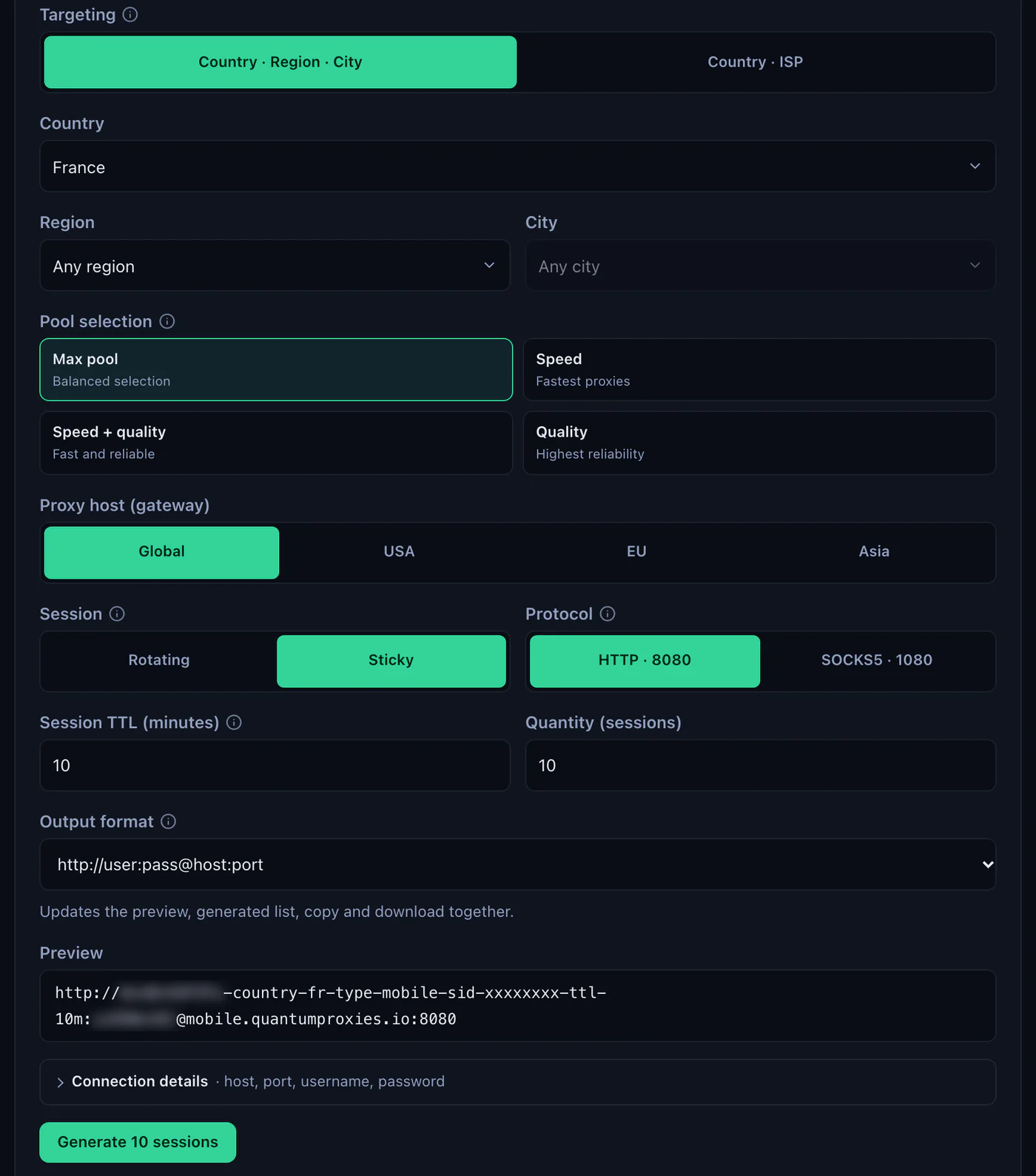 The QuanticData Endpoint generator for a Mobile plan: France, Global gateway, Session Sticky, HTTP 8080, Output format http://user:pass@host:port and the preview line on mobile.quantumproxies.io:8080 with -type-mobile in the login, credentials blurred