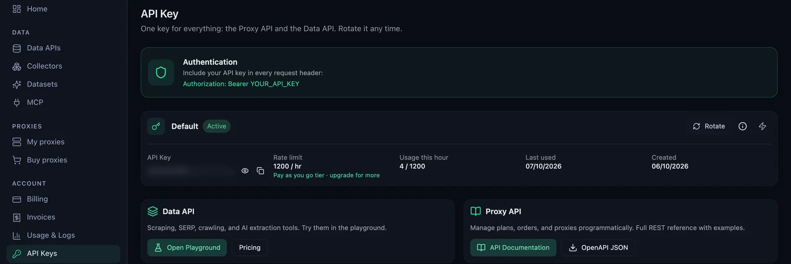 The API Keys page of the QuanticData dashboard: the Default key marked Active, the key itself hidden and blurred, with the show and copy buttons next to it