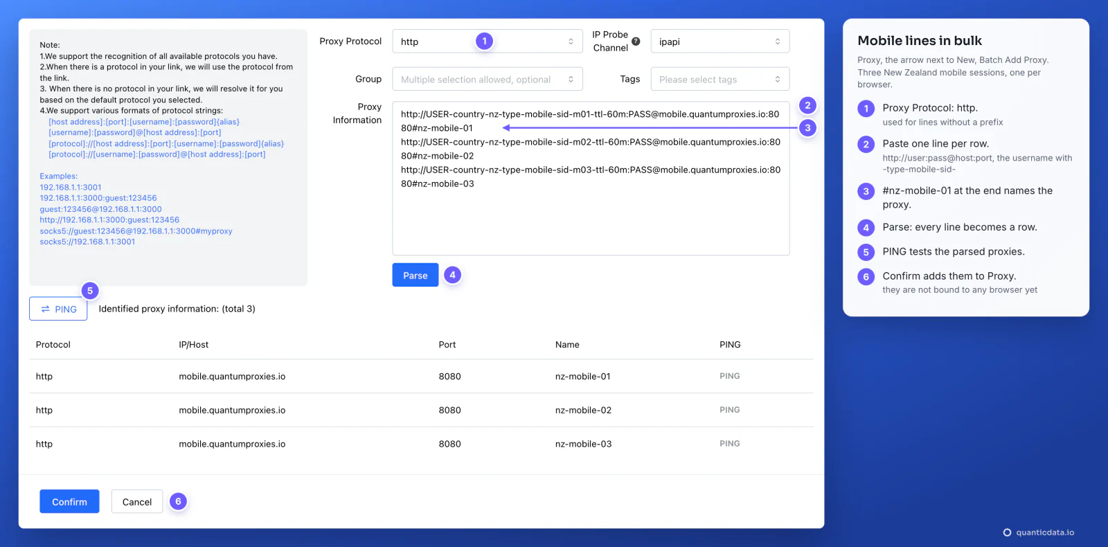 ClonBrowser Batch Add Proxy page with three QuanticData mobile lines on mobile.quantumproxies.io port 8080, each with USER-country-nz-type-mobile-sid and a name like nz-mobile-01; after Parse the table lists the three proxies, with PING and Confirm and six numbered steps