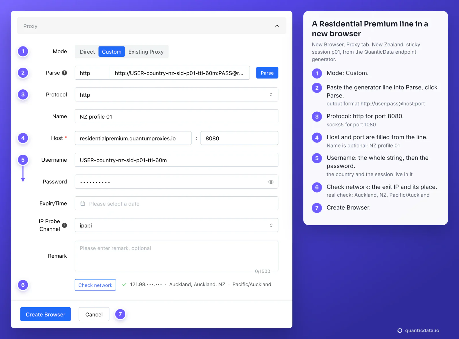 ClonBrowser New Browser, Proxy tab in Custom mode, with seven numbered steps: 1 Mode Custom, 2 the http:// line pasted into Parse, 3 Protocol http for port 8080, 4 Host residentialpremium.quantumproxies.io and port 8080, 5 Username USER-country-nz-sid-p01-ttl-60m and the password, 6 Check network with the result Auckland, Auckland, NZ, Pacific/Auckland, 7 Create Browser