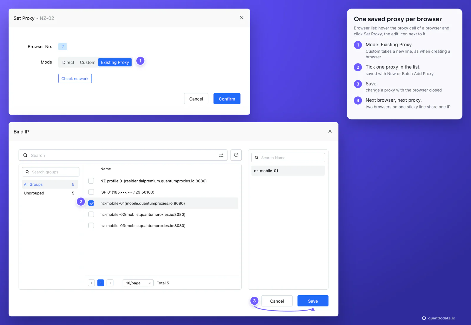 ClonBrowser Set Proxy window for browser NZ-02 with Mode Existing Proxy, and the Bind IP list of saved proxies, NZ profile 01, ISP 01 and nz-mobile-01 to 03, with nz-mobile-01 ticked and three numbered steps ending with Save