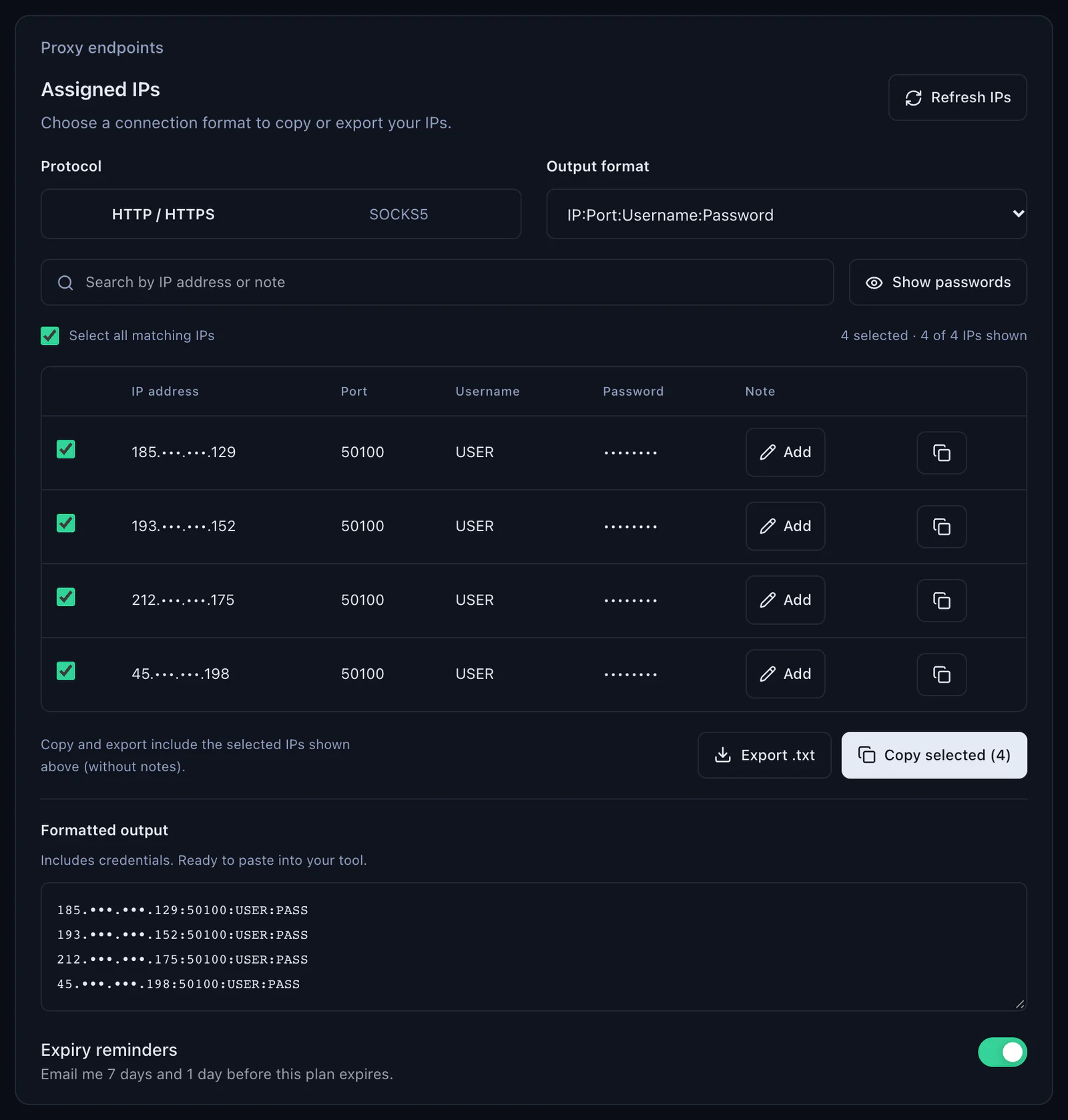 The QuanticData ISP plan panel, Proxy endpoints, Assigned IPs: protocol HTTP / HTTPS or SOCKS5, output format IP:Port:Username:Password, four IPs on port 50100 with masked addresses, username USER and hidden passwords, and the formatted output ready to copy