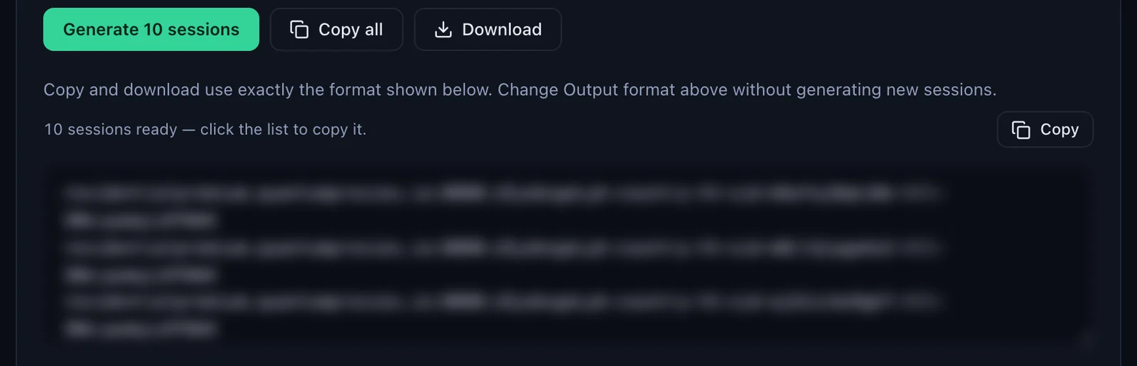 The Generate 10 sessions button in the QuanticData Endpoint generator with Copy all and Download, and the list of sticky Thailand lines ready to copy, credentials blurred