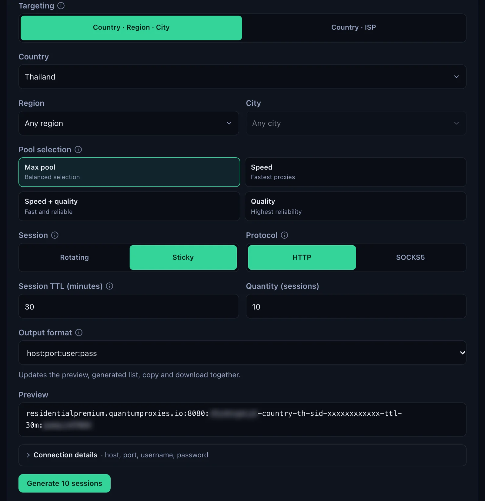 The QuanticData Endpoint generator for a Residential Premium plan: Thailand selected, Session set to Sticky with a 30-minute TTL, HTTP protocol, output format host:port:user:pass and the preview line, with the username and password blurred