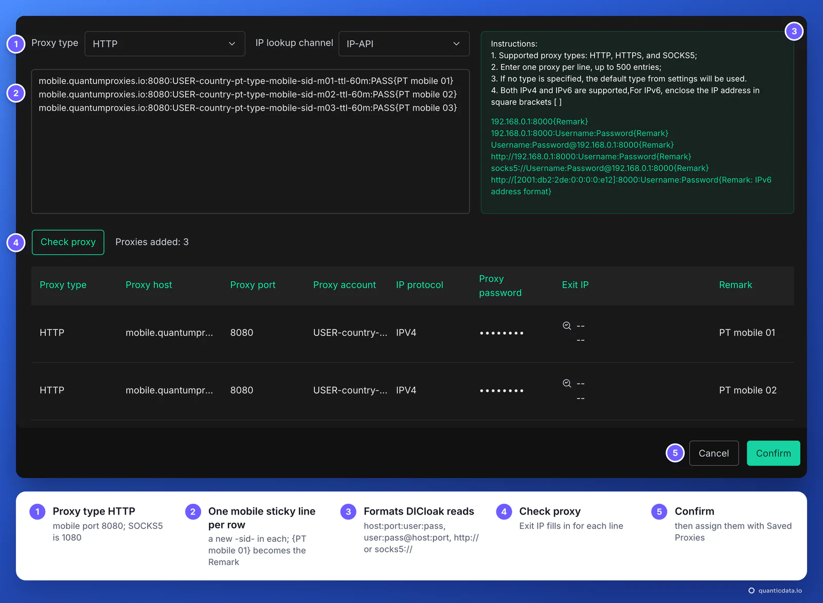DICloak Batch create page with three QuanticData mobile sticky lines on mobile.quantumproxies.io:8080, each with its own session ID and a PT mobile remark in braces, Proxy type HTTP, the formats DICloak accepts in its Instructions panel and the parsed table, with five numbered steps