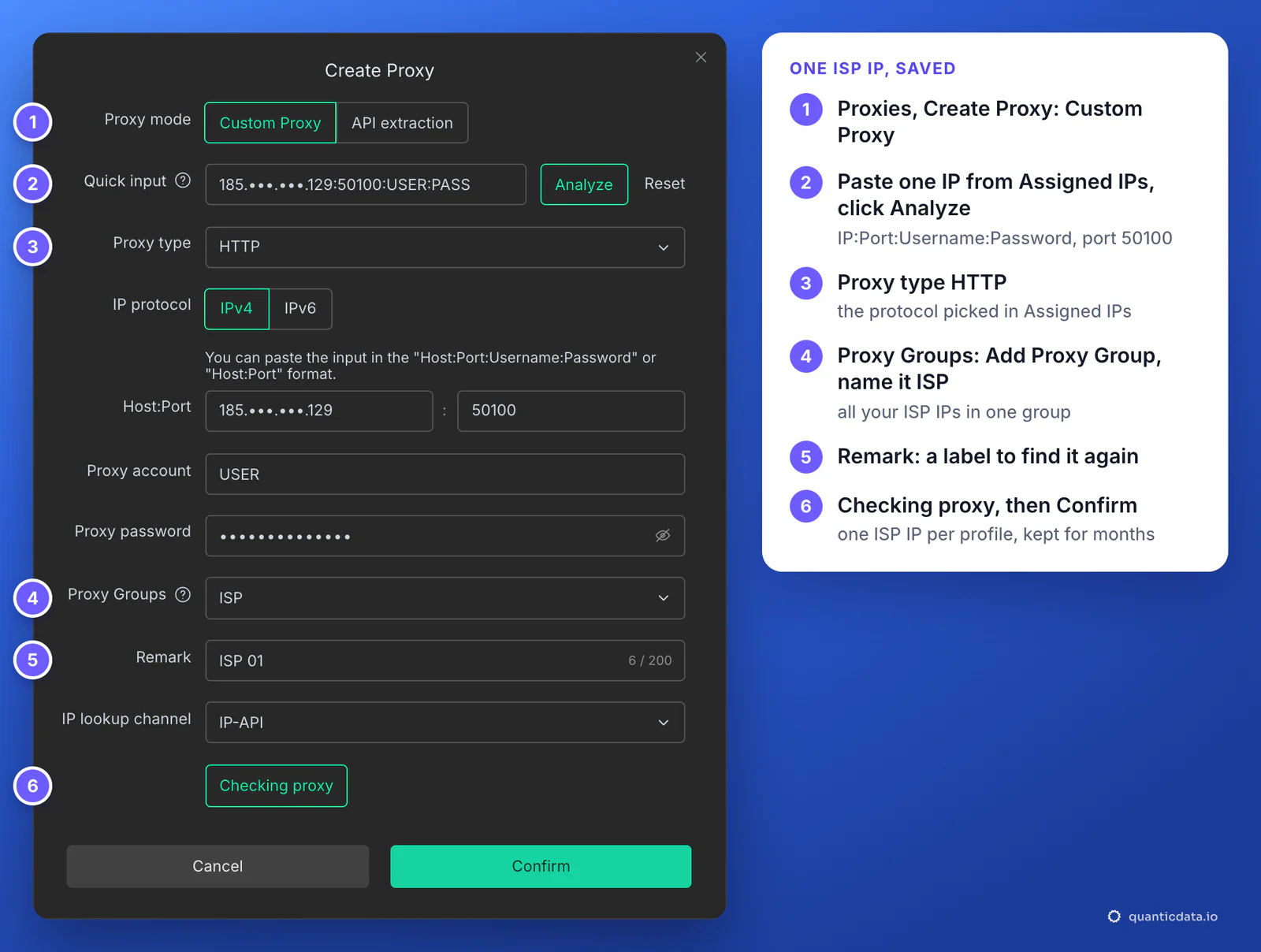 DICloak Create Proxy dialog with one QuanticData ISP IP and six numbered steps: Custom Proxy, the masked IP line on port 50100 with USER and PASS in Quick input and Analyze, Proxy type HTTP, Proxy Groups ISP, Remark ISP 01, then Checking proxy and Confirm