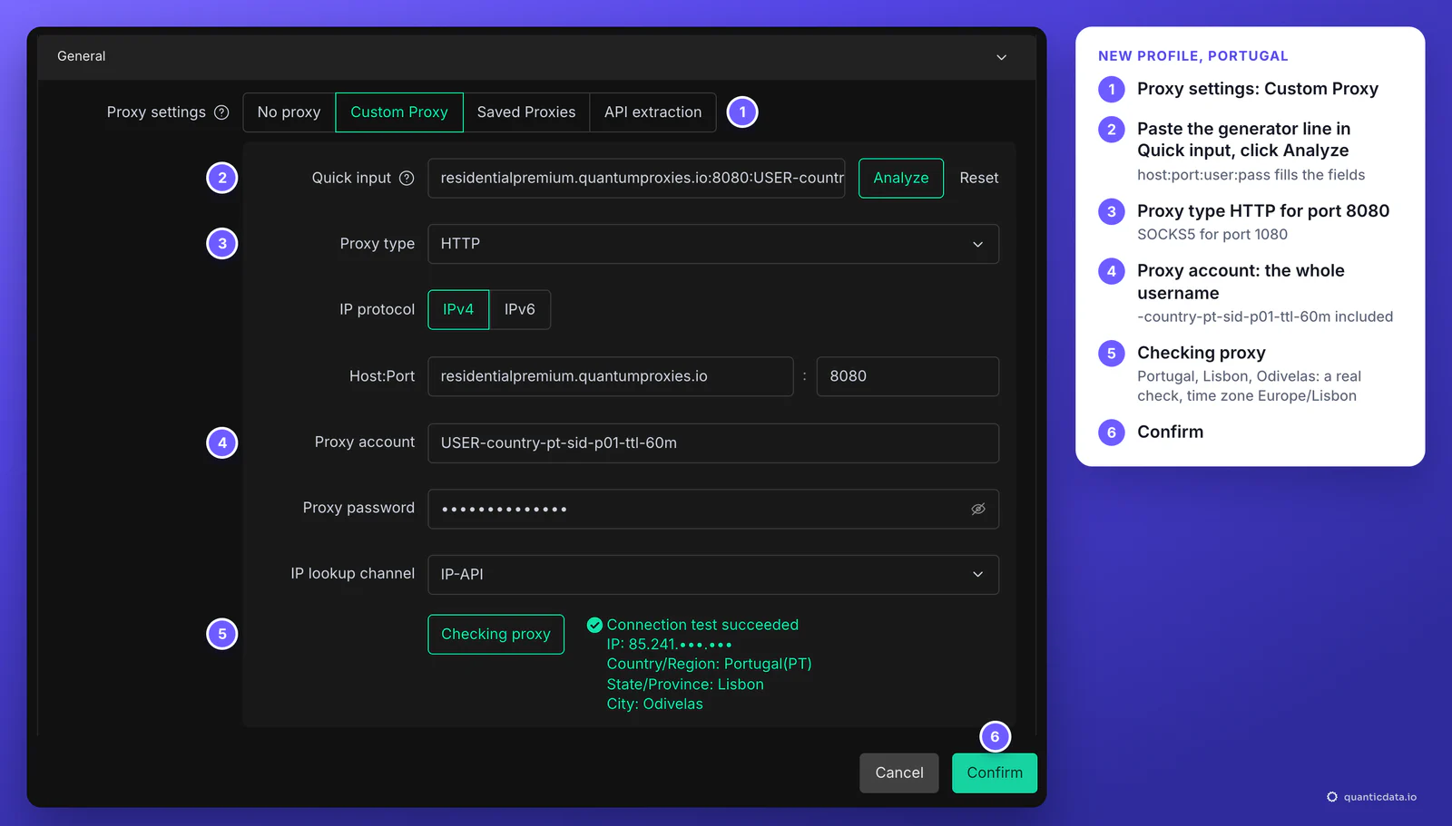 DICloak Create profile, General section, Proxy settings set to Custom Proxy, with six numbered steps: the QuanticData line residentialpremium.quantumproxies.io:8080 with USER-country-pt-sid-p01-ttl-60m pasted in Quick input and analysed, Proxy type HTTP, the whole username in Proxy account, Checking proxy with Connection test succeeded in Portugal, Lisbon, Odivelas, then Confirm