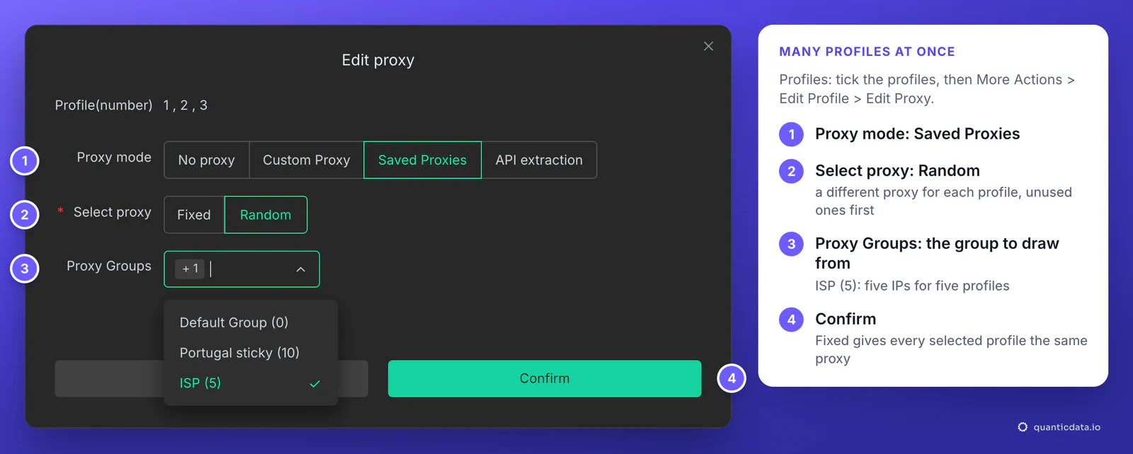 DICloak Edit proxy dialog for profiles 1, 2 and 3 with four numbered steps: Proxy mode Saved Proxies, Select proxy Random, the Proxy Groups list open with ISP (5) selected, then Confirm