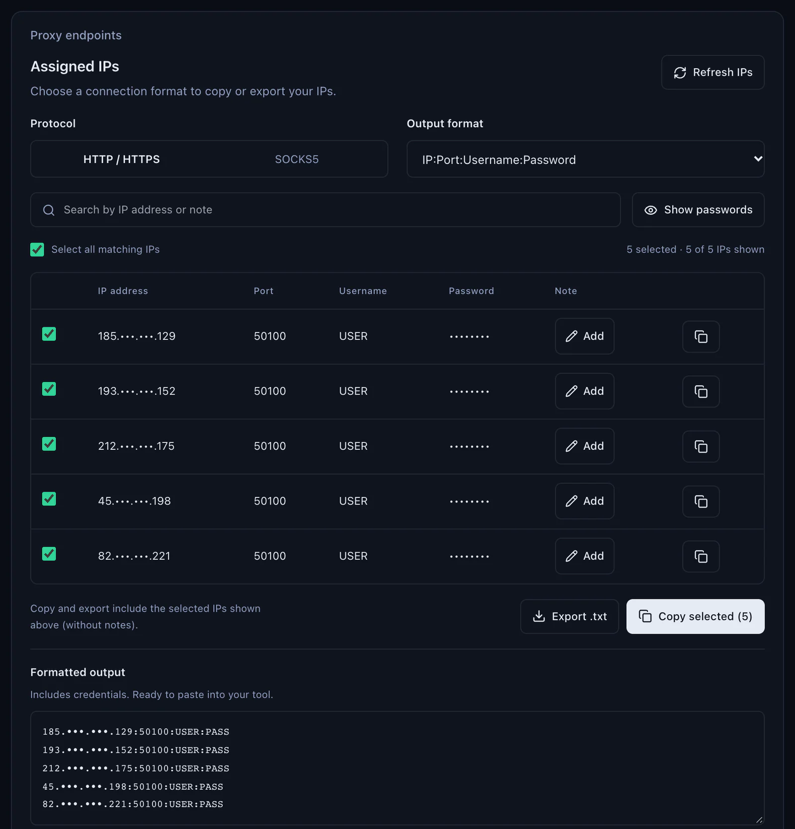 The Assigned IPs panel of a QuanticData ISP plan: protocol HTTP / HTTPS or SOCKS5, output format IP:Port:Username:Password, five sample IPs on port 50100 with masked addresses, and the formatted output ready to copy