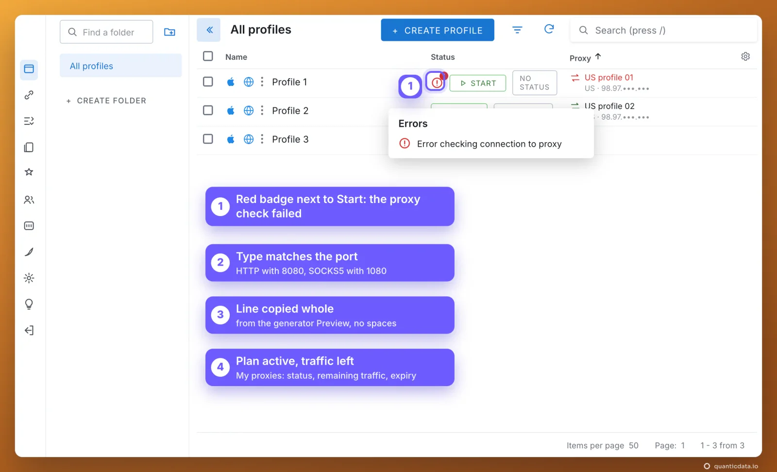 Dolphin Anty profiles list: a red error badge next to Start on Profile 1 and the popover Error checking connection to proxy, with numbered notes of what to check in order: the type matches the port (HTTP 8080, SOCKS5 1080), the line copied whole, the plan active with traffic left