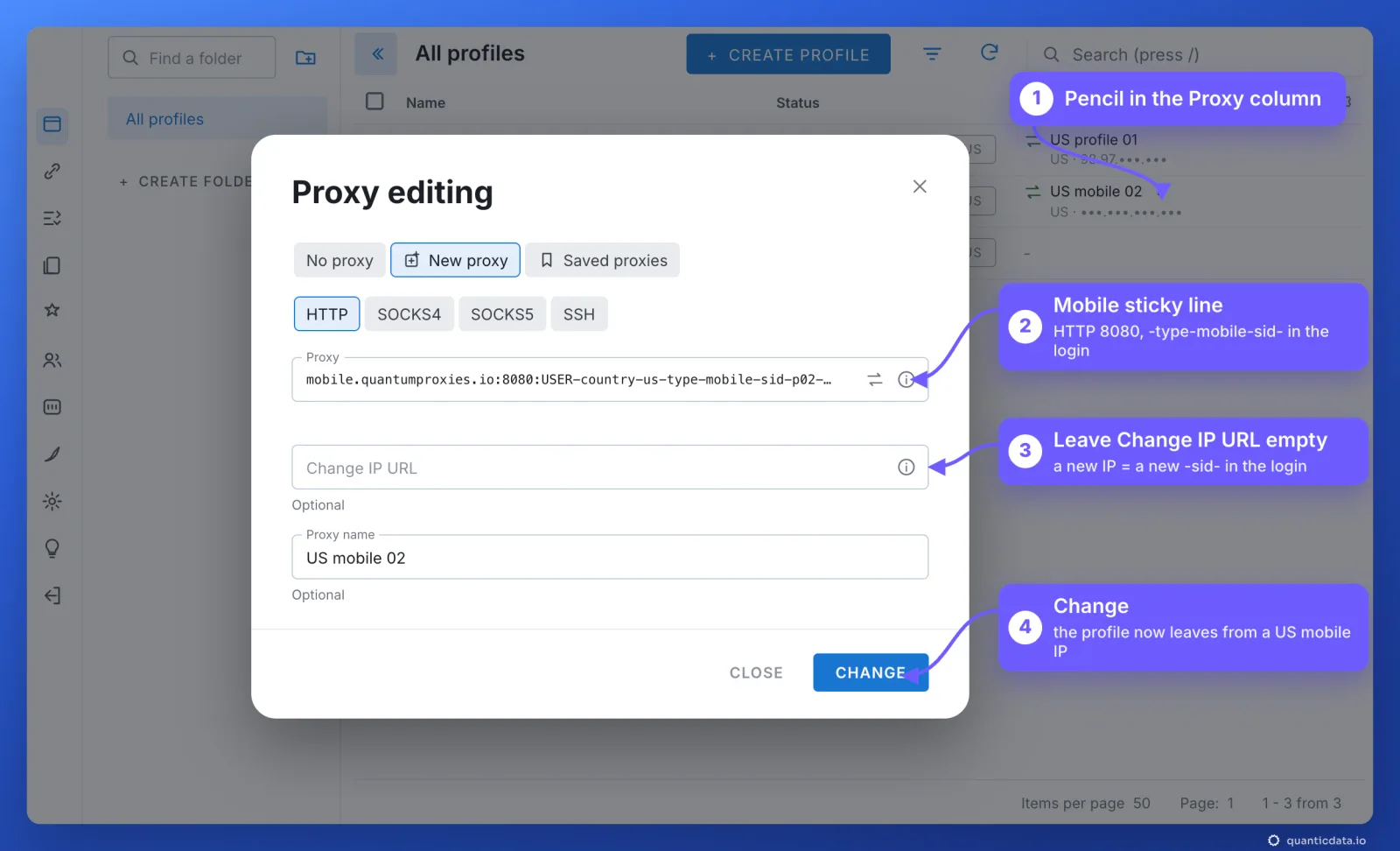 Dolphin Anty profiles list with the Proxy editing window open and four numbered arrows: 1 the pencil in the Proxy column, 2 a QuanticData mobile sticky line on mobile.quantumproxies.io port 8080 with USER-country-us-type-mobile-sid-p02-ttl-60m, 3 Change IP URL left empty, 4 Change