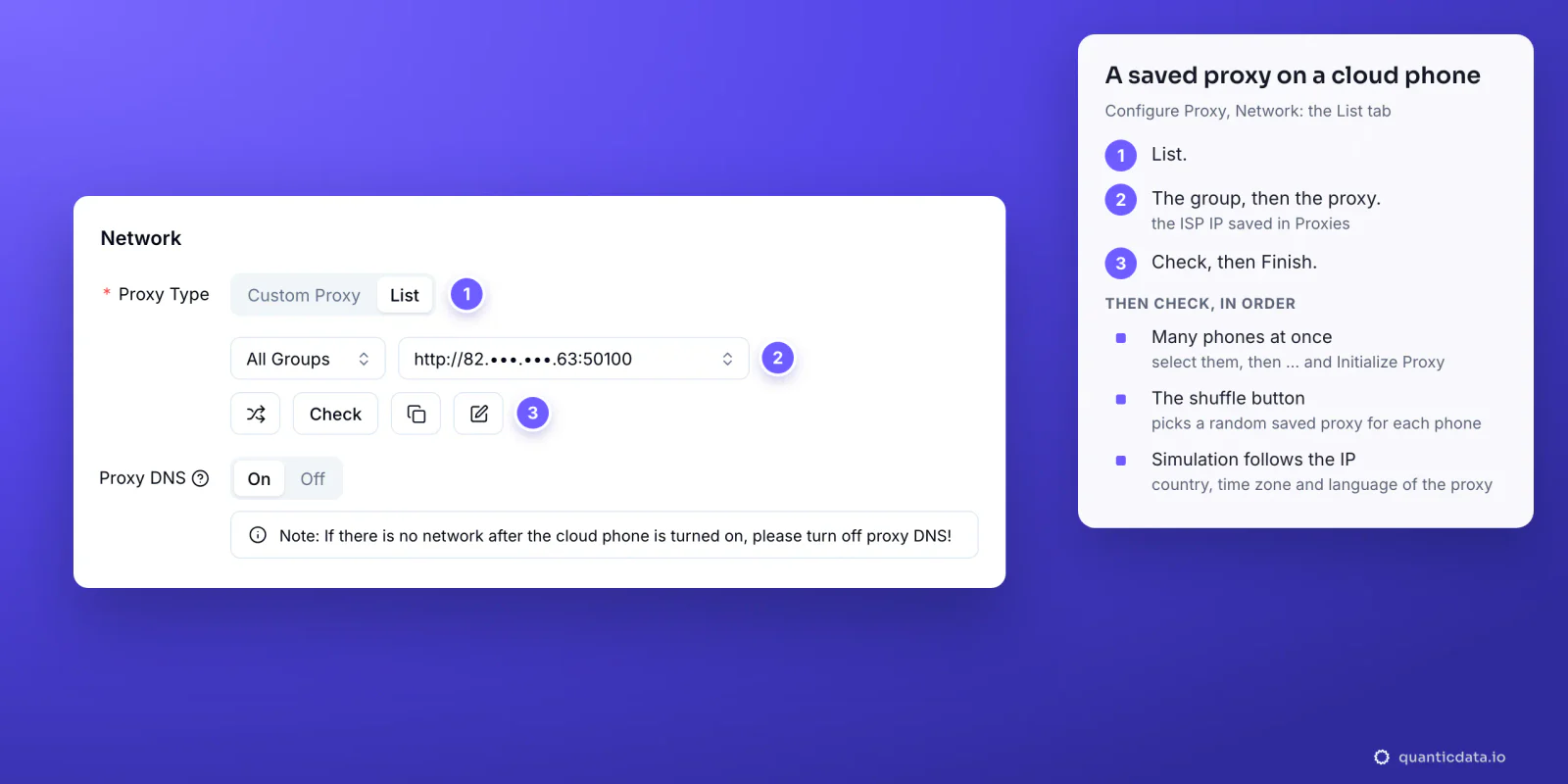 The DuoPlus Network block with the List tab, redrawn: All Groups and the saved proxy http://82.x.x.63:50100 (IP masked), the random-pick, Check, copy and edit buttons, Proxy DNS on; three numbered steps and tips for many cloud phones beside it