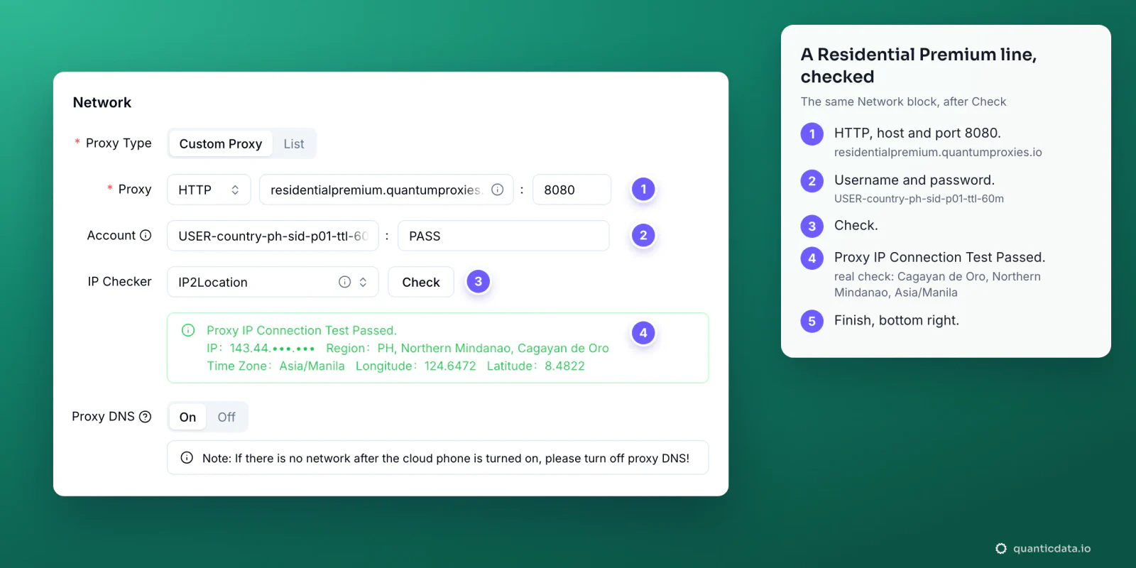 The DuoPlus Network block, redrawn with a QuanticData Residential Premium line for the Philippines on residentialpremium.quantumproxies.io port 8080 and the check result Proxy IP Connection Test Passed: Region PH, Northern Mindanao, Cagayan de Oro, time zone Asia/Manila, IP masked
