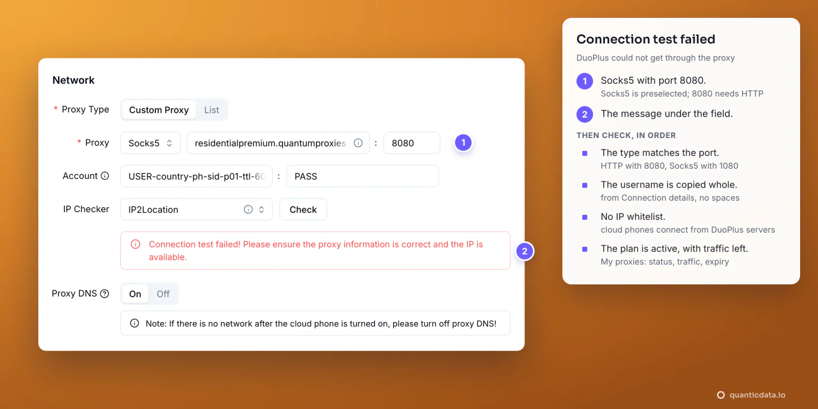 The DuoPlus Network block with a failed check, redrawn: Socks5 selected with residentialpremium.quantumproxies.io on port 8080 and the red message Connection test failed; beside it, what to check in order: type and port, the whole username, no IP whitelist, an active plan