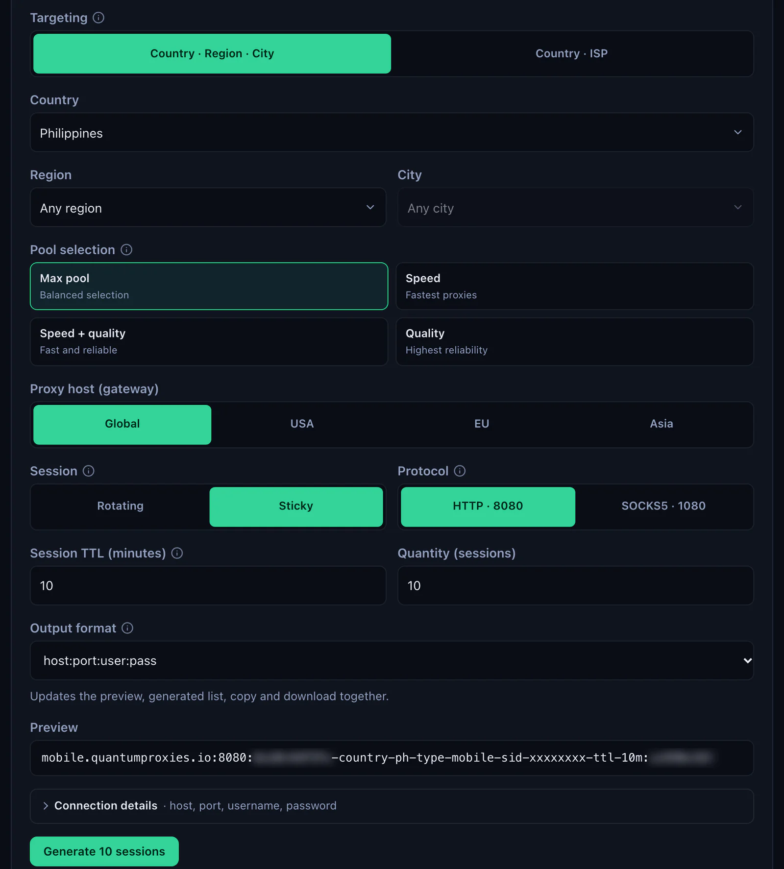 The QuanticData Mobile Endpoint generator: Philippines selected, the Global, USA, EU and Asia gateways, Session set to Sticky, HTTP on port 8080 or SOCKS5 on port 1080, output format host:port:user:pass and the preview line with -type-mobile in the username, credentials blurred