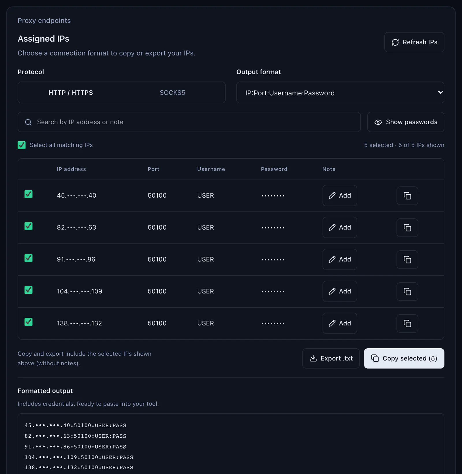 The QuanticData ISP plan panel, Proxy endpoints, Assigned IPs: Protocol HTTP / HTTPS or SOCKS5, Output format IP:Port:Username:Password, five IPs on port 50100 with username USER and the password hidden, Export .txt, Copy selected and the formatted output; IP addresses masked