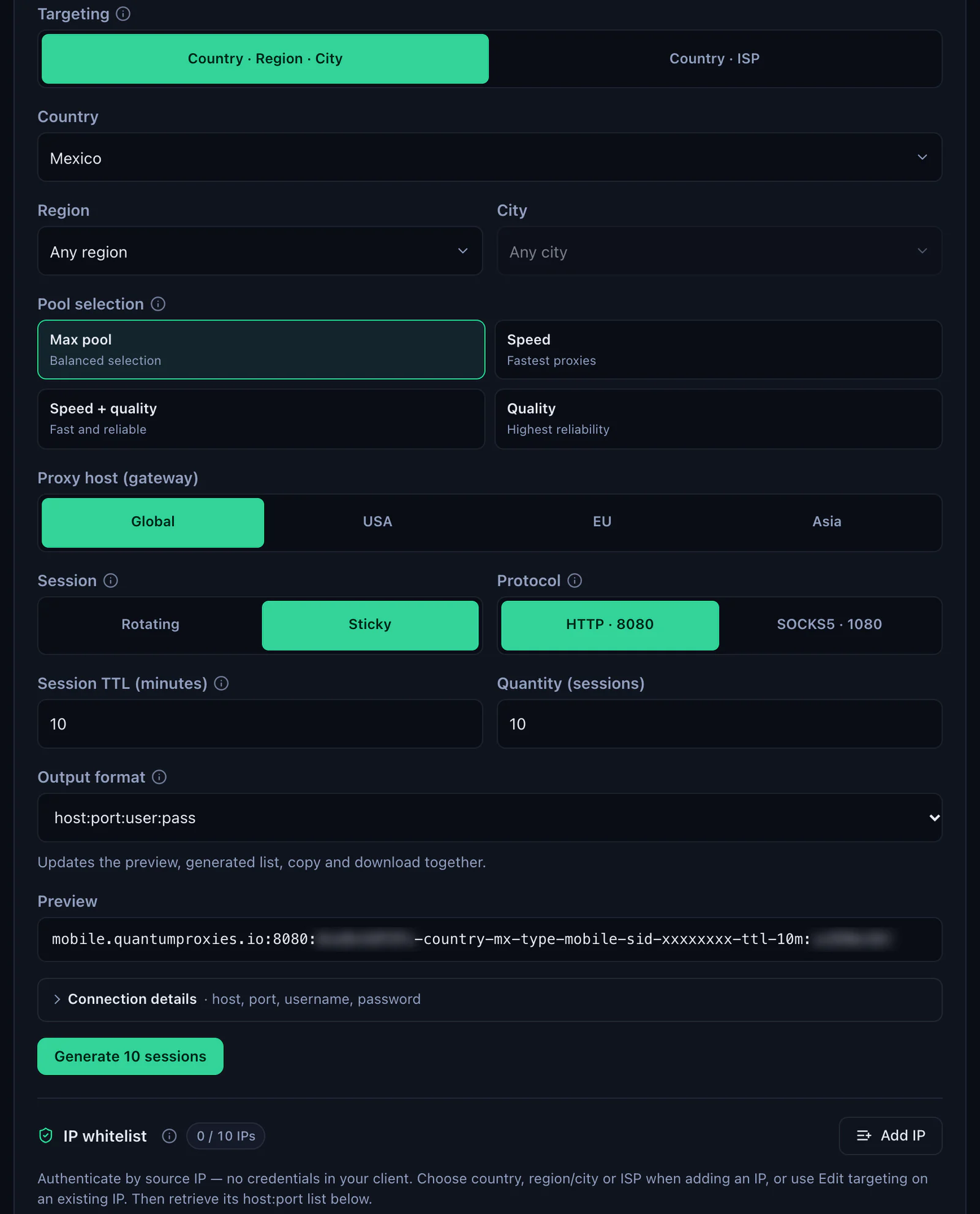 The QuanticData Mobile Endpoint generator: Mexico selected, the Global, USA, EU and Asia gateways, Sticky session, HTTP 8080 or SOCKS5 1080, output format host:port:user:pass and the preview line with -type-mobile in the username, and the IP whitelist section below; credentials blurred