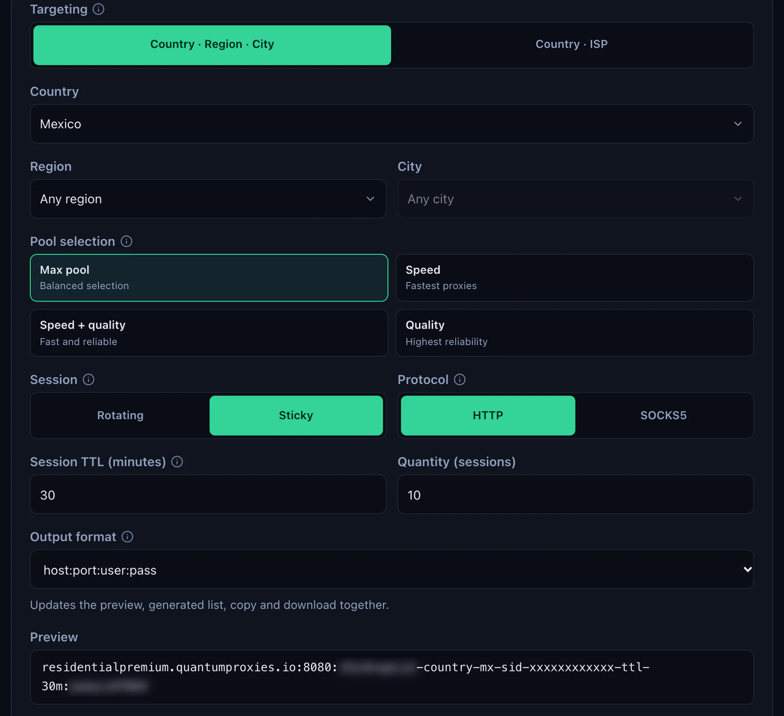 The QuanticData Endpoint generator for a Residential Premium plan: Mexico selected, Session set to Sticky with a 30-minute TTL, HTTP protocol, output format host:port:user:pass and the preview line, with the username and password blurred