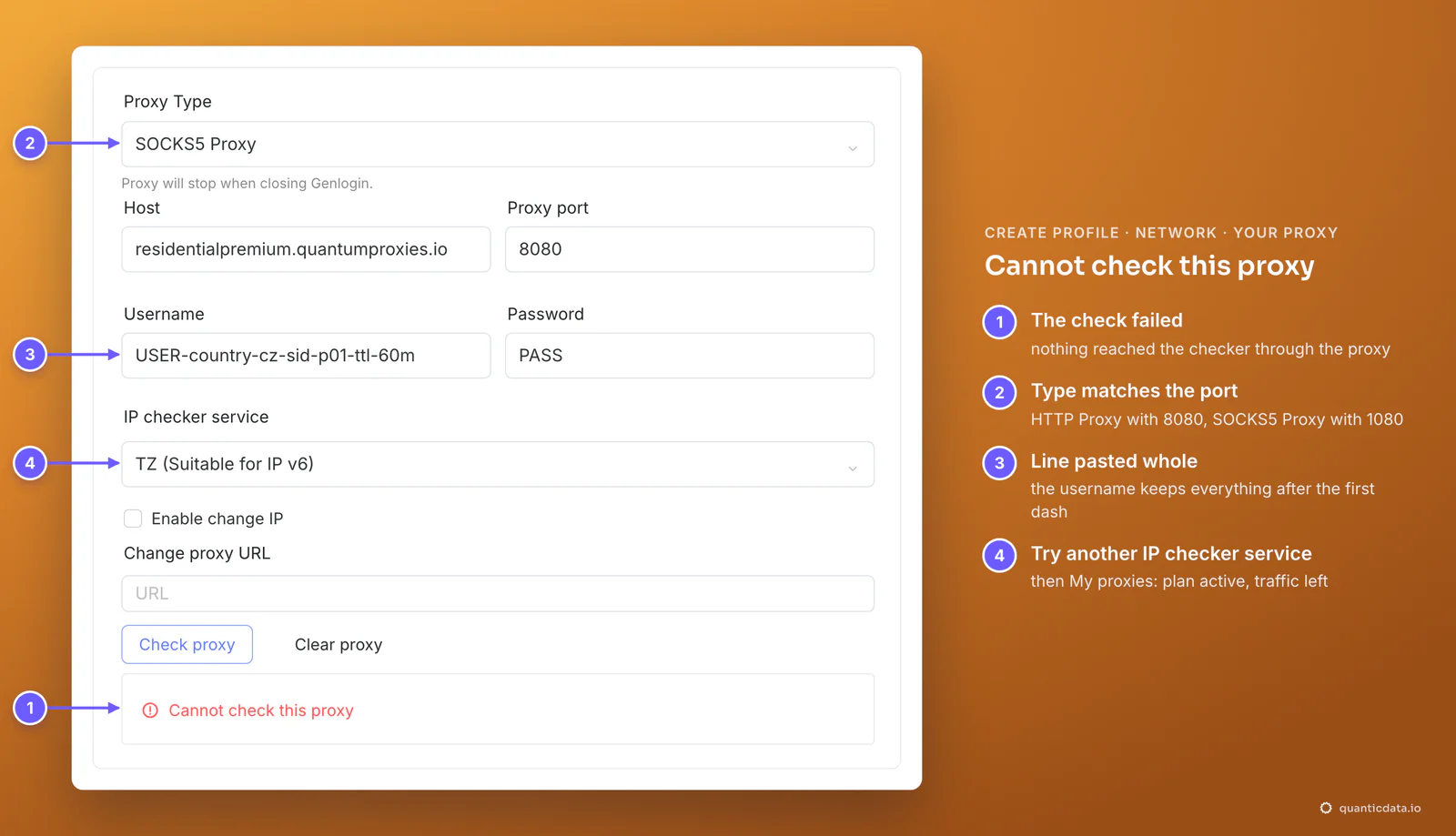 GenLogin Your proxy box where Check proxy returned Cannot check this proxy because SOCKS5 Proxy is selected for a line on port 8080, with numbered markers for the message, the proxy type, the username and the IP checker service