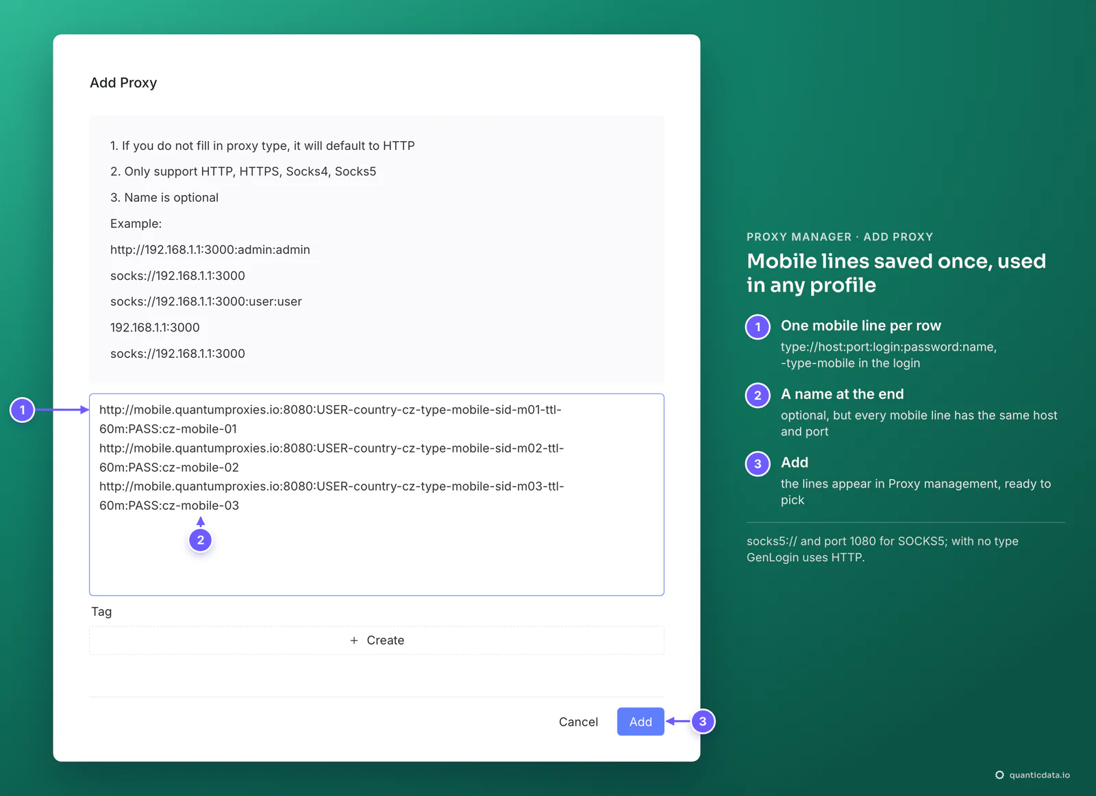 GenLogin Proxy manager Add Proxy dialog with three QuanticData mobile lines, one per row, in the form http://mobile.quantumproxies.io:8080:USER-country-cz-type-mobile-sid-m01-ttl-60m:PASS:cz-mobile-01, and numbered markers for the lines, the name at the end and the Add button