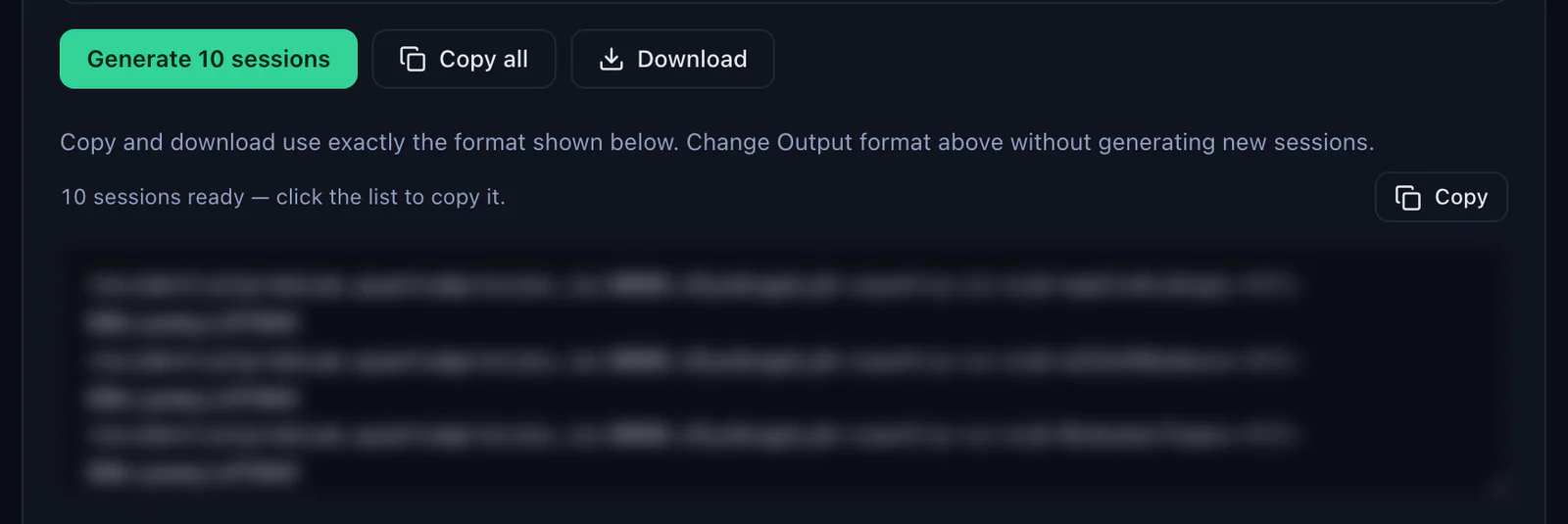 The Generate 10 sessions button in the QuanticData Endpoint generator with Copy all and Download, and the list of sticky lines ready to copy, credentials blurred
