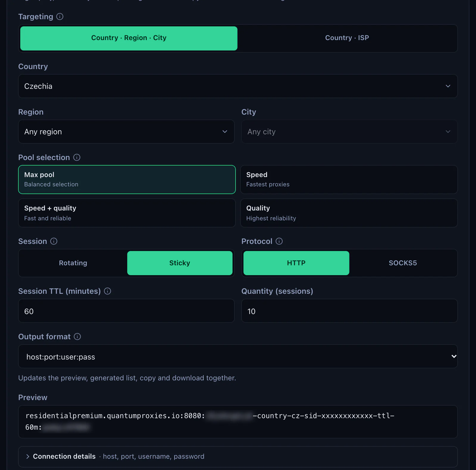 The QuanticData Endpoint generator for a Residential Premium plan: Czechia selected, Session set to Sticky with a 60-minute TTL, HTTP protocol, output format host:port:user:pass and the preview line, with the username and password blurred
