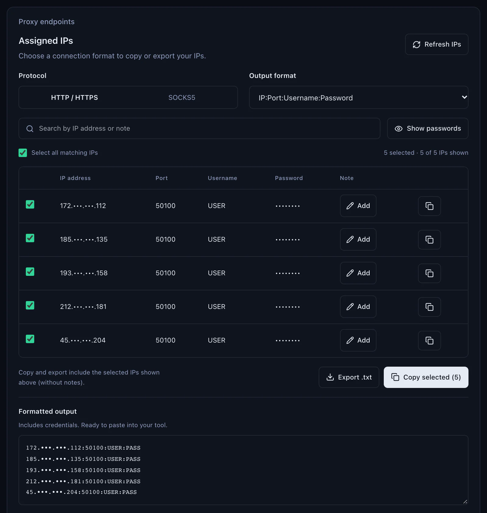The QuanticData ISP plan panel Proxy endpoints, Assigned IPs: Protocol HTTP / HTTPS or SOCKS5, Output format IP:Port:Username:Password, five sample IPs masked on port 50100 with username USER, Copy selected and Export .txt, and the formatted output ready to paste