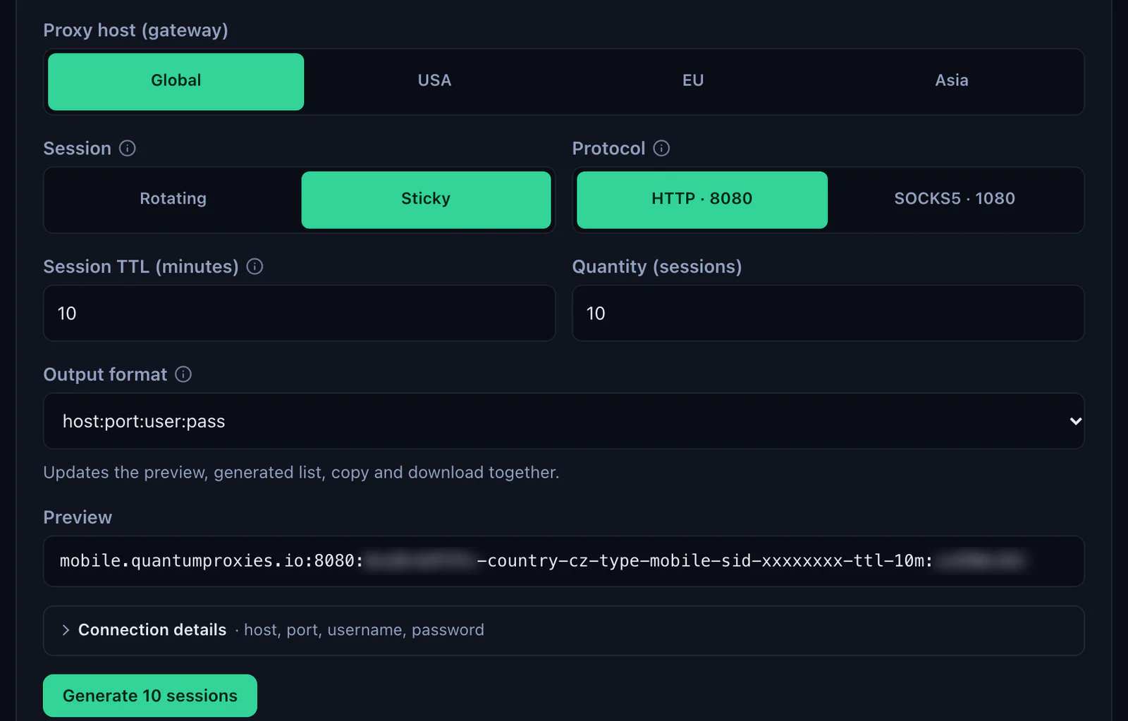 The QuanticData Mobile Endpoint generator: Proxy host gateways Global, USA, EU and Asia, Session Sticky, Protocol HTTP 8080 or SOCKS5 1080, output format host:port:user:pass and the preview line on mobile.quantumproxies.io with -country-cz-type-mobile in the username, credentials blurred