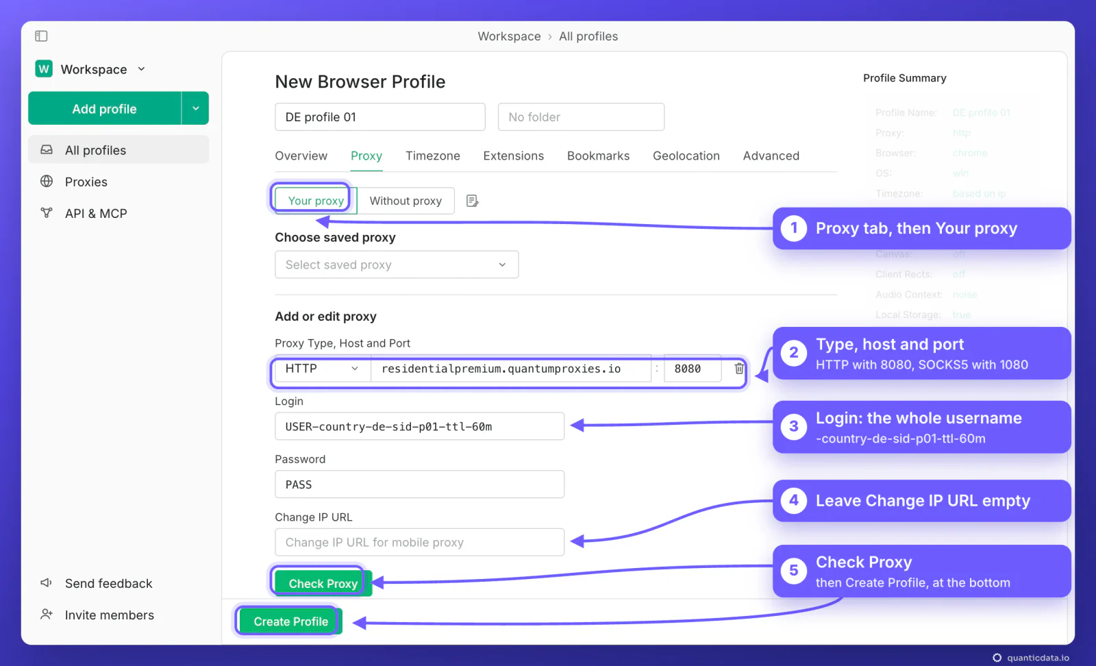 GoLogin New Browser Profile window, Proxy tab, Your proxy selected, with five numbered arrows: 1 Proxy tab then Your proxy, 2 type HTTP with host residentialpremium.quantumproxies.io and port 8080 (SOCKS5 uses 1080), 3 the whole login USER-country-de-sid-p01-ttl-60m, 4 leave Change IP URL empty, 5 Check Proxy then Create Profile