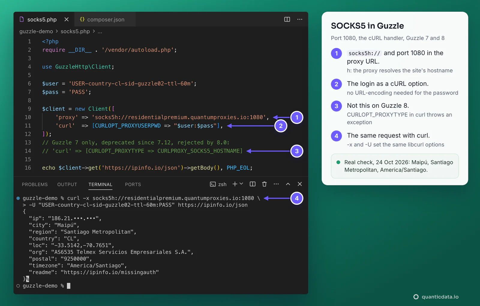 A Guzzle Client in an editor with proxy socks5h://residentialpremium.quantumproxies.io:1080 and the login in the curl option CURLOPT_PROXYUSERPWD, a comment that CURLOPT_PROXYTYPE is Guzzle 7 only, and the terminal with the same SOCKS5 request made with curl: Maipu, Santiago Metropolitan, America/Santiago, IP masked