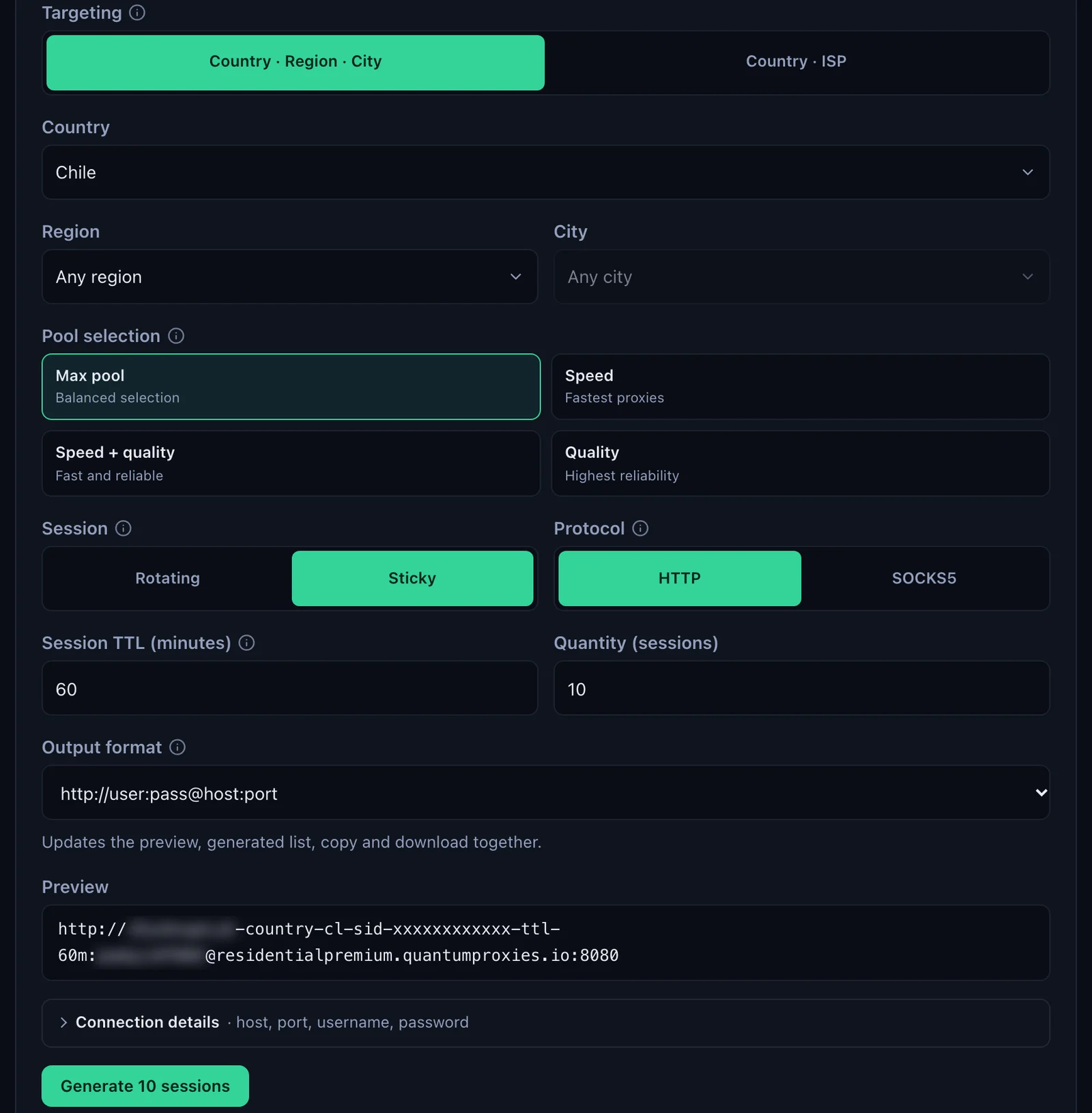 The QuanticData Endpoint generator for a Residential Premium plan: Chile selected, Session set to Sticky with a 60-minute TTL, HTTP protocol, Output format http://user:pass@host:port and the Preview line on residentialpremium.quantumproxies.io port 8080, username and password blurred