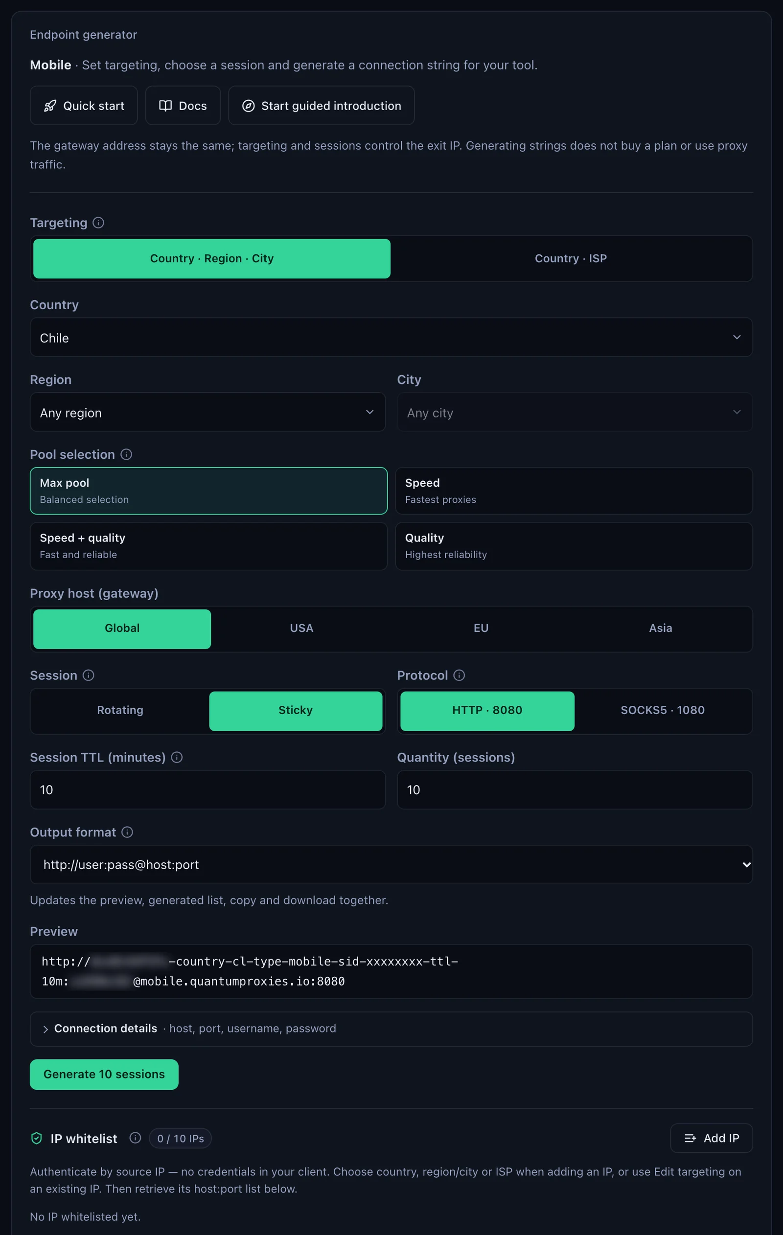 The Mobile Endpoint generator: Chile selected, Global, USA, EU and Asia gateways, Sticky session, HTTP 8080 or SOCKS5 1080, Output format http://user:pass@host:port with the Preview on mobile.quantumproxies.io:8080, and the IP whitelist section below, credentials blurred