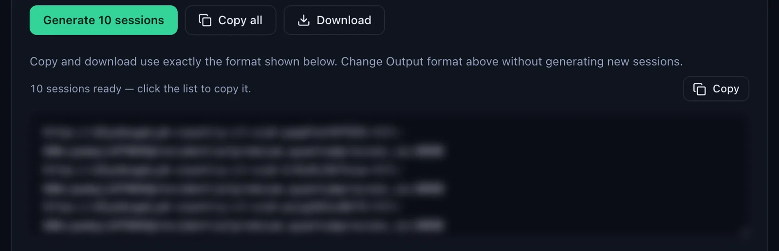 The Generate 10 sessions button in the QuanticData Endpoint generator with Copy all and Download, and the list of ten sticky lines in the http://user:pass@host:port format, blurred